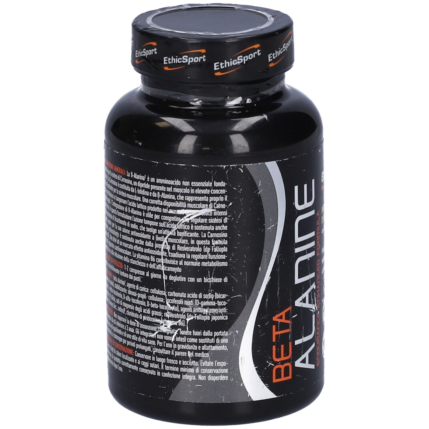 Retro flacone nero di Beta Alanine Endurance, EthicSport. Testo descrittivo. Senza glutine.