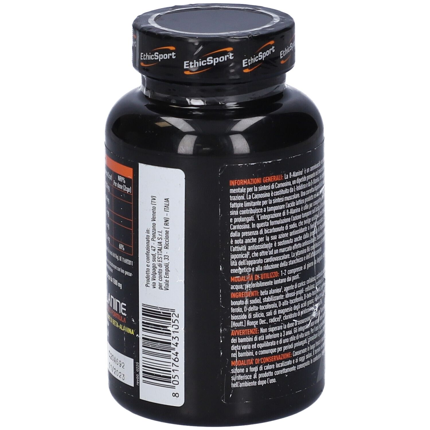 Retro flacone nero con testo. Beta Alanine Endurance, EthicSport. Codice a barre. Prodotto in Italia.