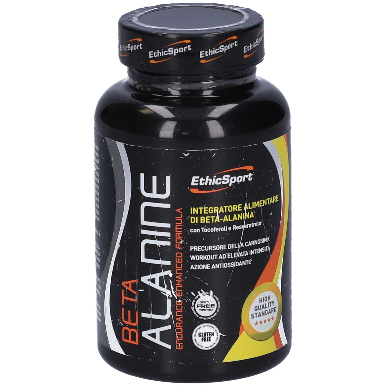 Flacone nero di Beta Alanine Endurance, EthicSport. Scritta: Integratore alimentare. Senza glutine. Standard di alta qualità.