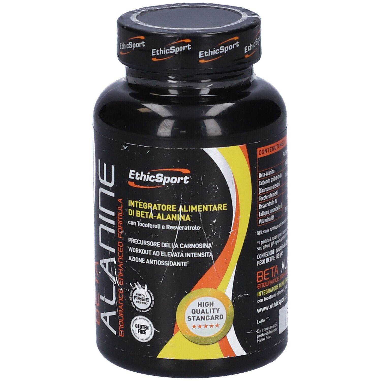 Flacone nero di Beta Alanine Endurance, EthicSport. Scritta: Integratore alimentare. Senza glutine. Standard di alta qualità.