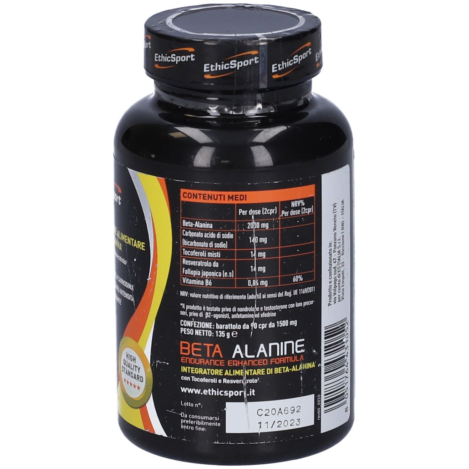 Retro flacone nero con informazioni nutrizionali. Beta Alanine Endurance, EthicSport. Peso netto: 135g.