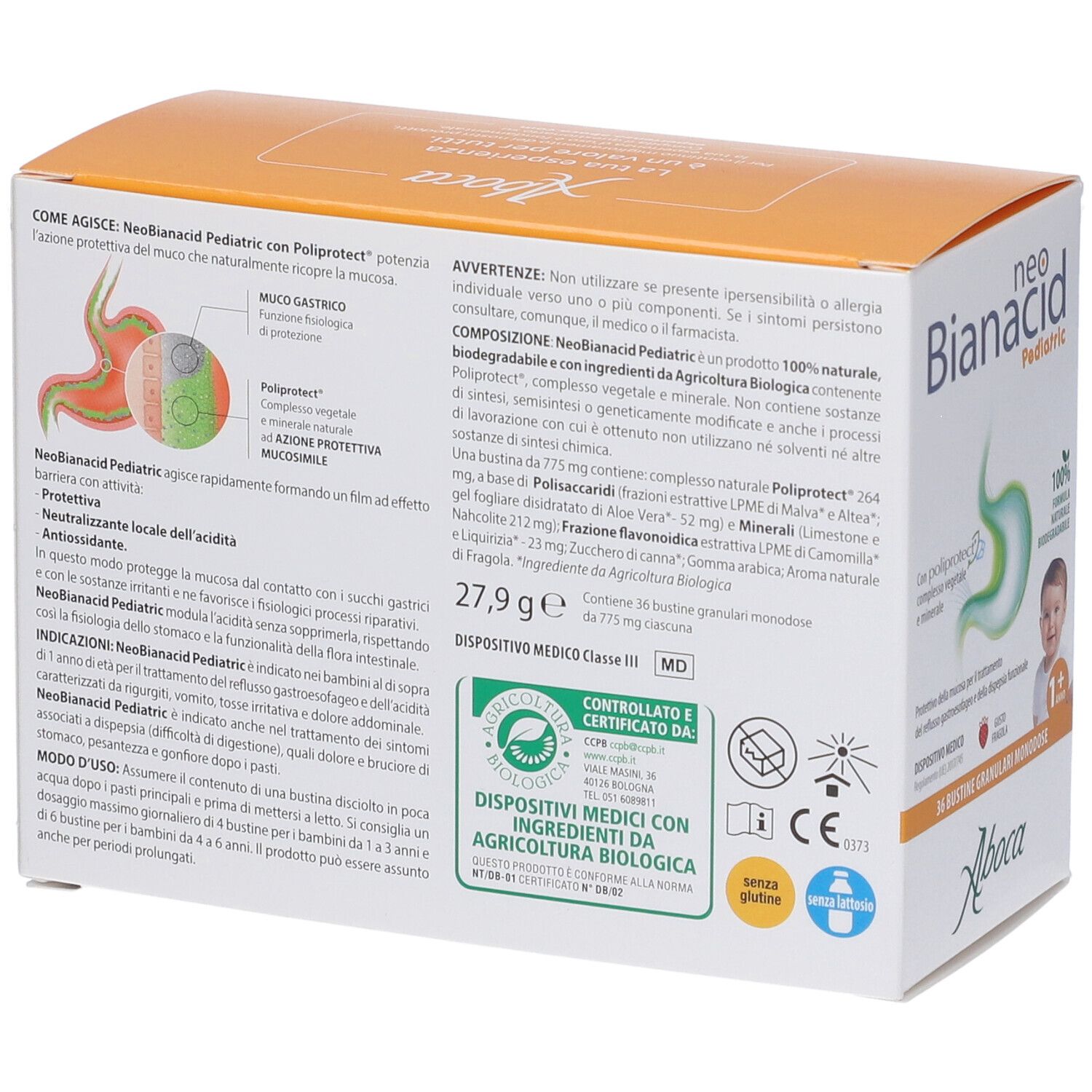 Retro confezione Neobianacid Pediatric Granulari con ingredienti e istruzioni.