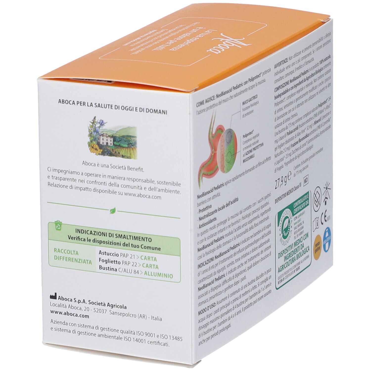 Vista laterale confezione Neobianacid Pediatric Granulari con informazioni agricoltura biologica.