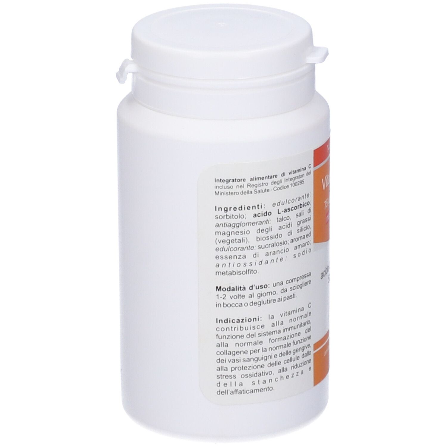 Retro di un flacone bianco di compresse di vitamina C. Testo arancione: ingredienti, istruzioni per l'uso. Coperchio bianco.