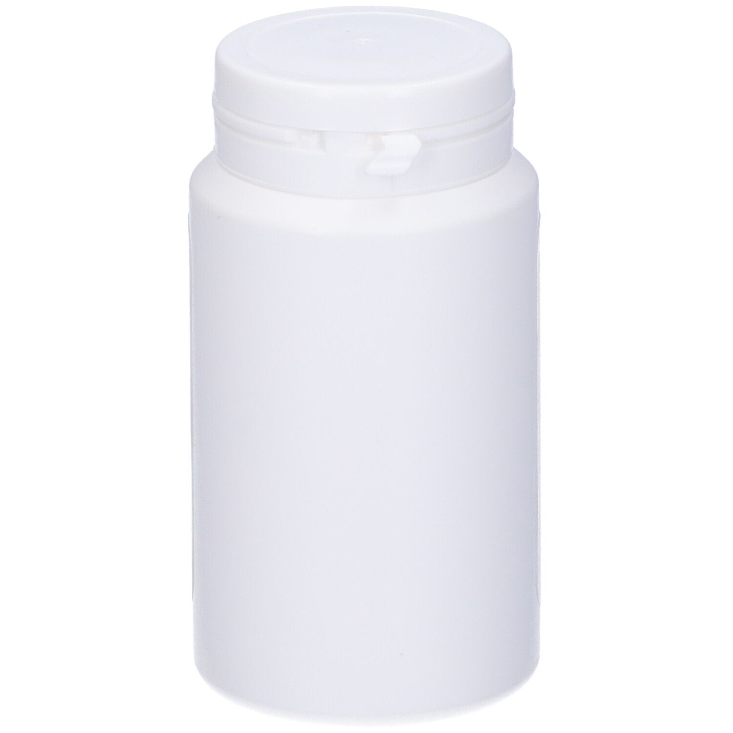 Flacone cilindrico bianco con coperchio bianco. Nessuna scritta visibile.