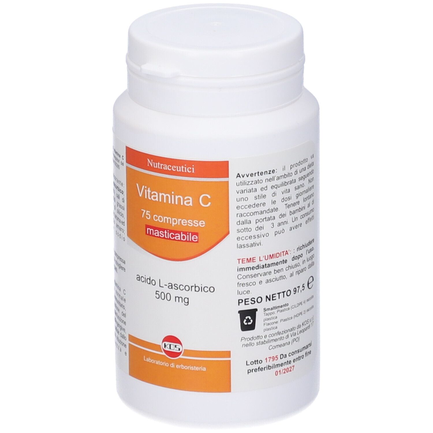 Flacone bianco di compresse di vitamina C. Scritta: 75 compresse, 500 mg acido ascorbico. Etichetta arancione.