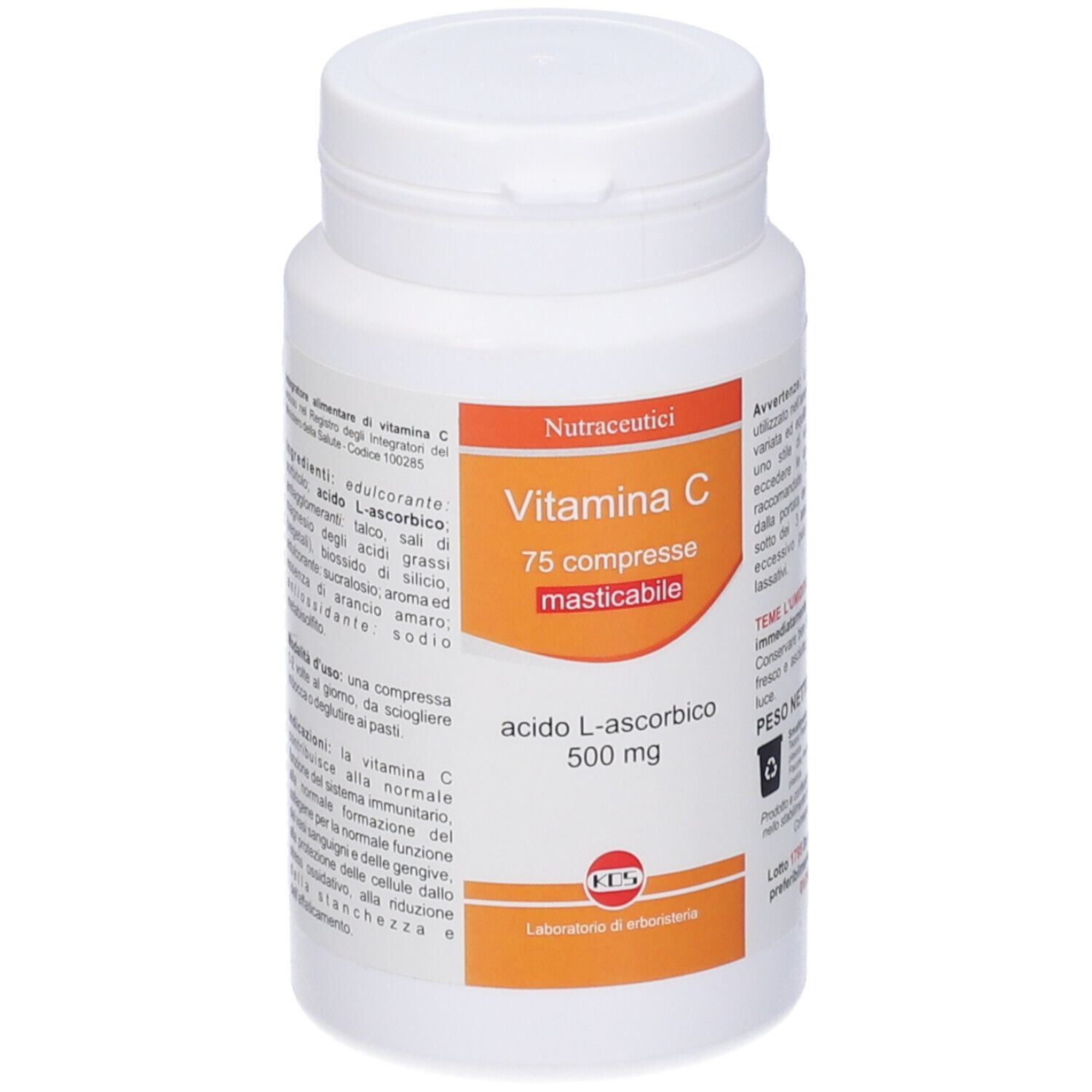 Flacone bianco di compresse di vitamina C. Scritta: 75 compresse, 500 mg acido ascorbico. Etichetta arancione.