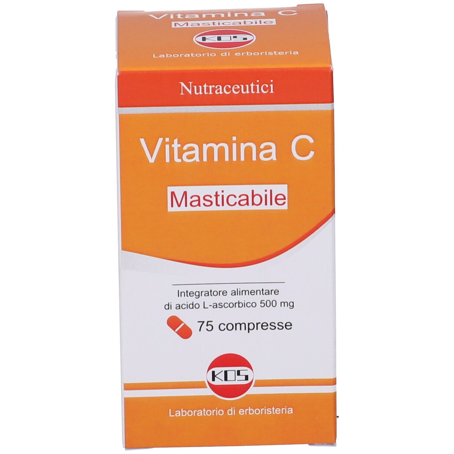 Scatola di compresse di vitamina C. Scritta: 75 compresse, 500 mg acido ascorbico. Arancione.