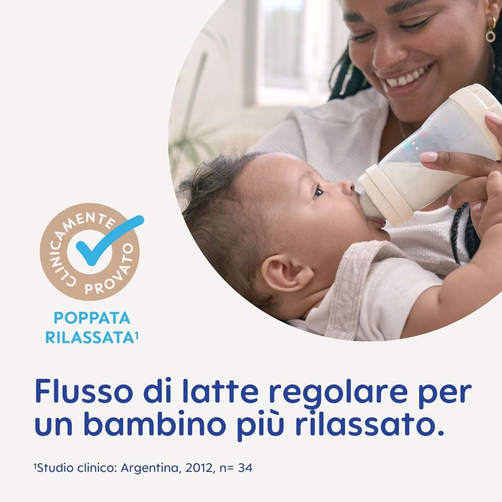 Una donna allatta un bambino con un biberon. Un sigillo indica "Approvato clinicamente".