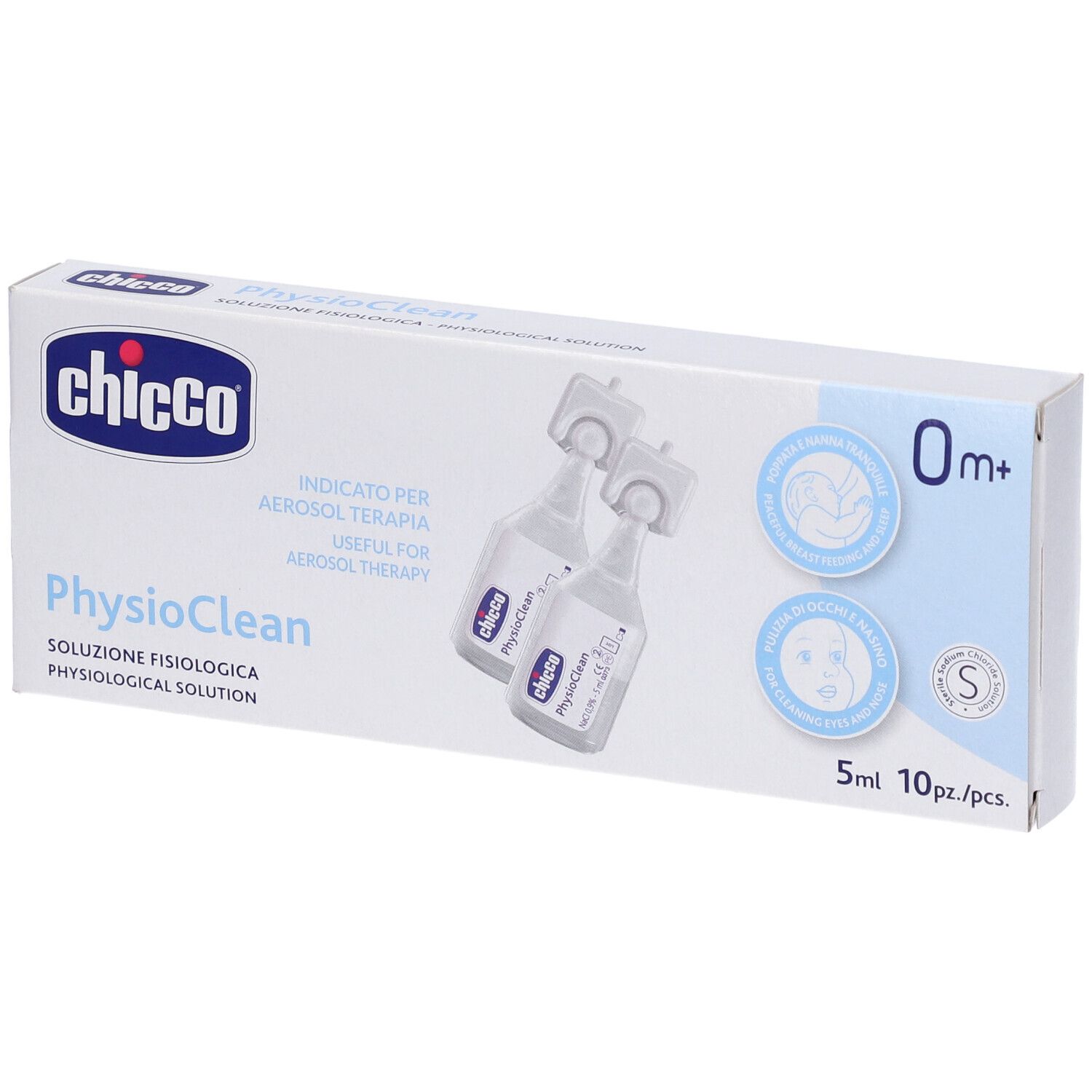 Confezione con due fiale e nome prodotto PhysioClean. Scritta: Soluzione Fisiologica, 5ml, 10pz.