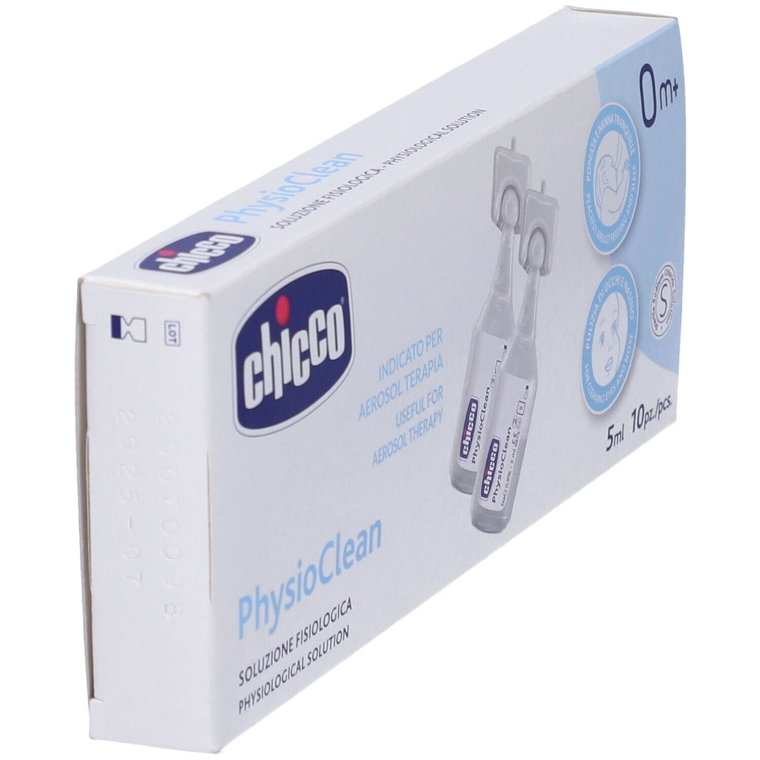 Confezione inclinata con due fiale e nome prodotto PhysioClean. Scritta: Soluzione Fisiologica, 5ml, 10pz.