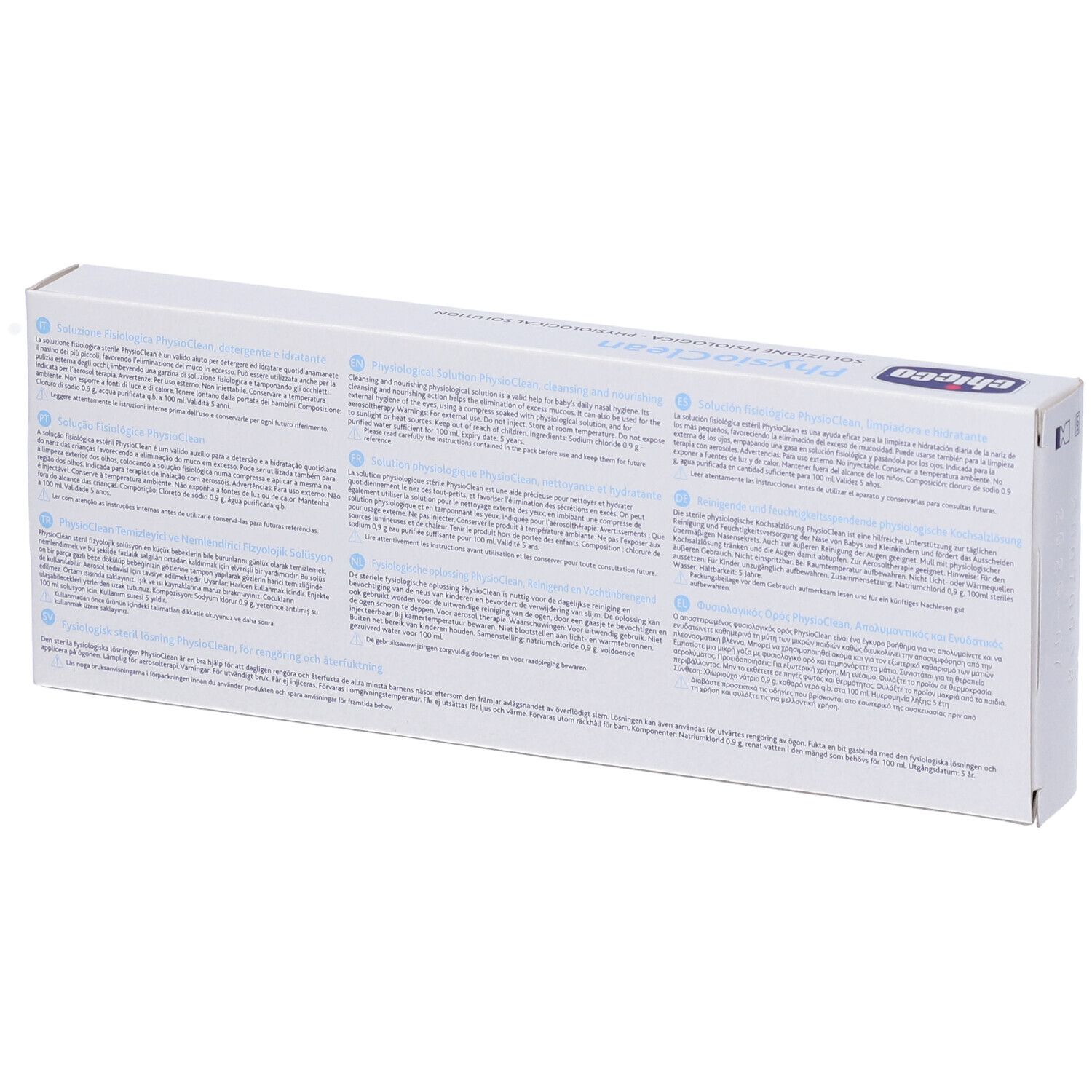 Retro della confezione con testo. Nome prodotto PhysioClean. Scritta: Soluzione Fisiologica.