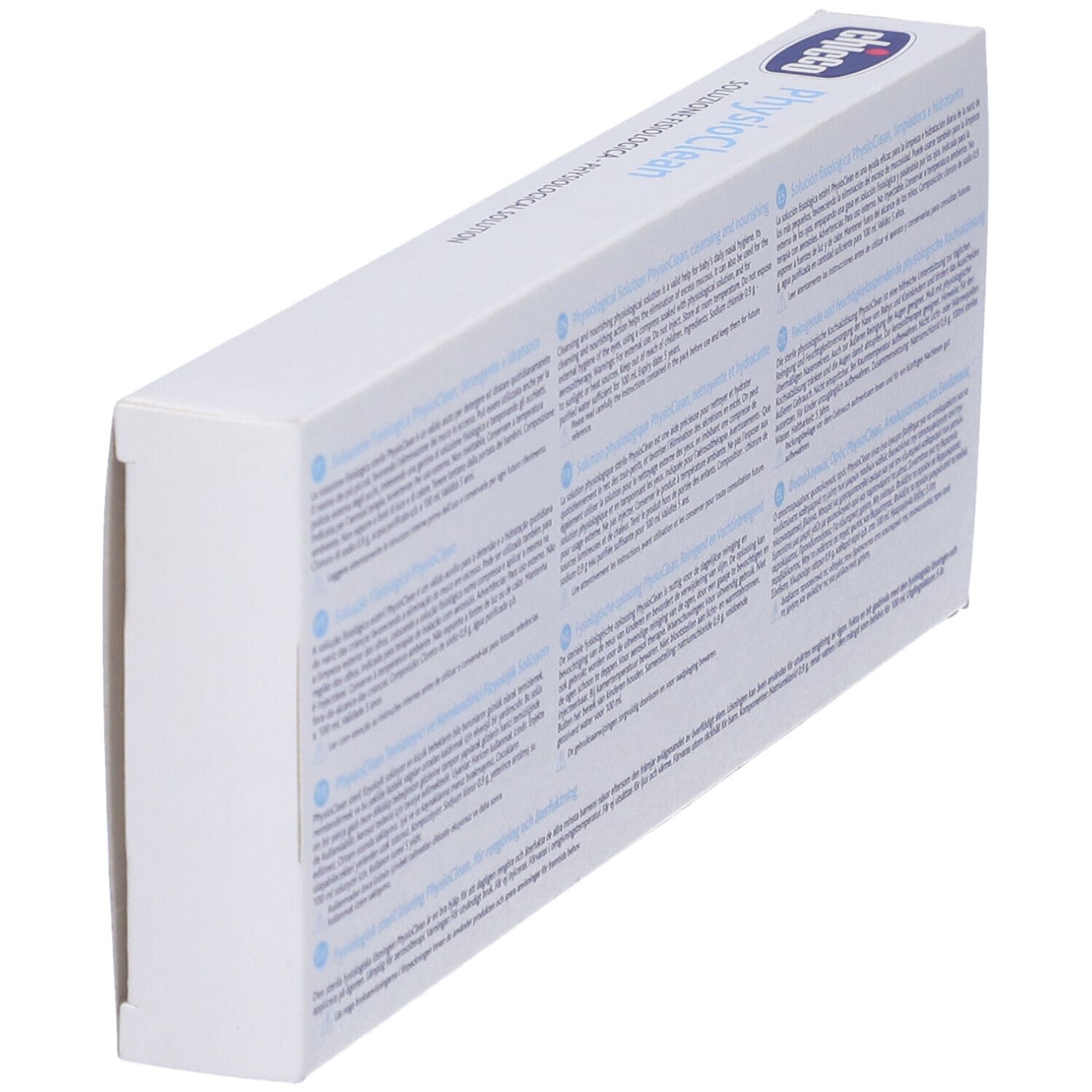 Retro inclinato della confezione con testo. Nome prodotto PhysioClean. Scritta: Soluzione Fisiologica.