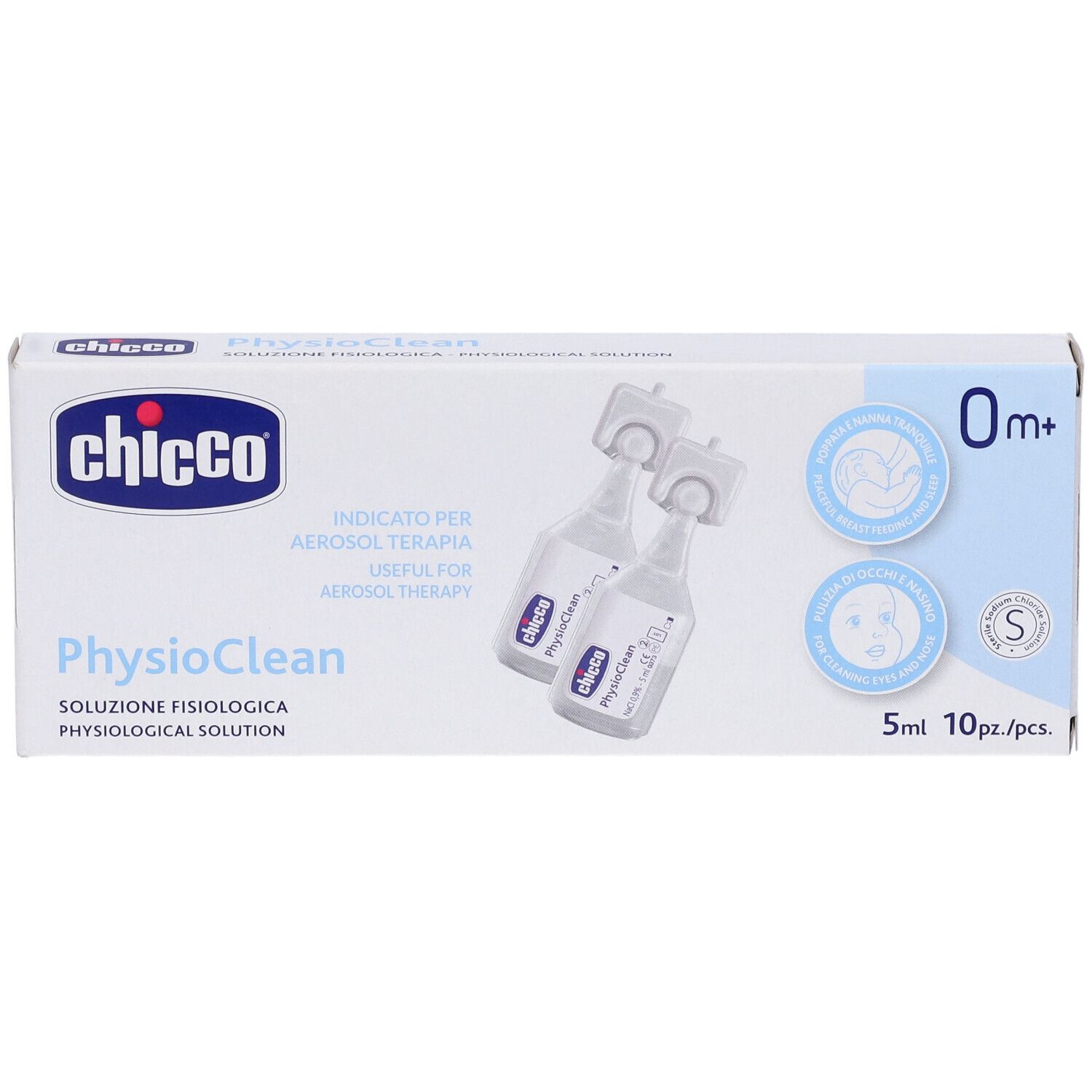 Confezione con due fiale e nome prodotto PhysioClean. Scritta: Soluzione Fisiologica, 5ml, 10pz.