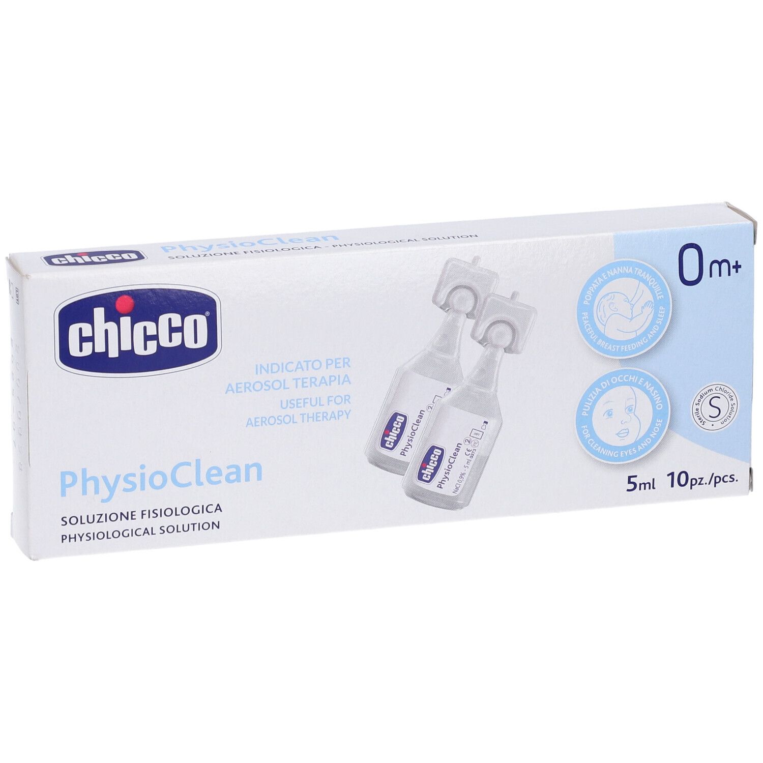 Confezione con due fiale e nome prodotto PhysioClean. Scritta: Soluzione Fisiologica, 5ml, 10pz.