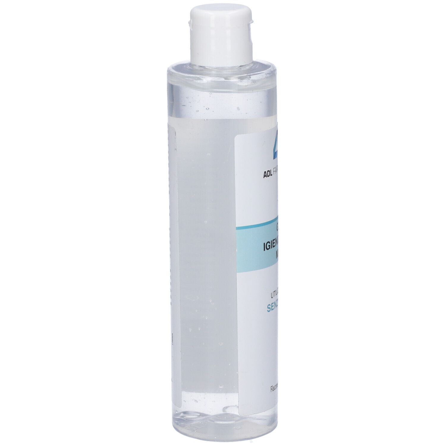 Flacone trasparente con tappo bianco. Etichetta con testo. Prodotto ADL Farmaceutici. Flacone riempito di liquido.