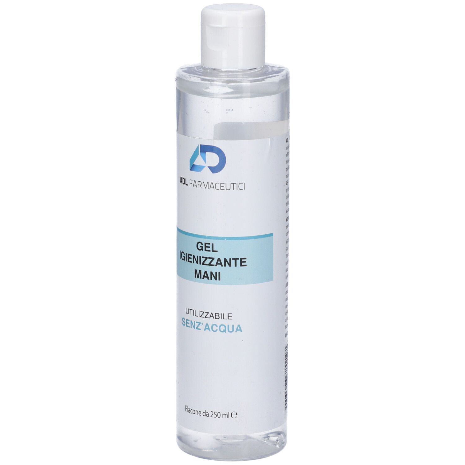 Flacone trasparente con tappo bianco. Scritta: ADL Farmaceutici, Gel Igienizzante Mani, Senz'Acqua. Flacone da 250 ml.