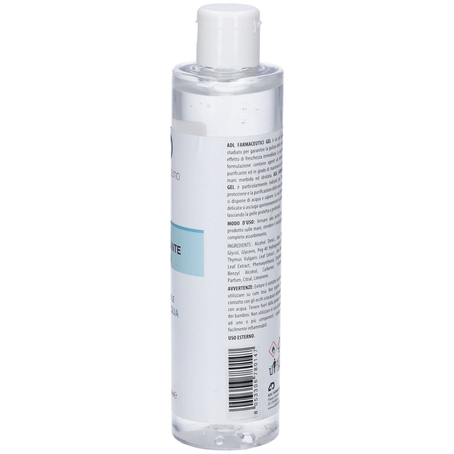 Retro di un flacone trasparente con tappo bianco. Testo sull'etichetta. Ingredienti, avvertenze e informazioni del produttore.