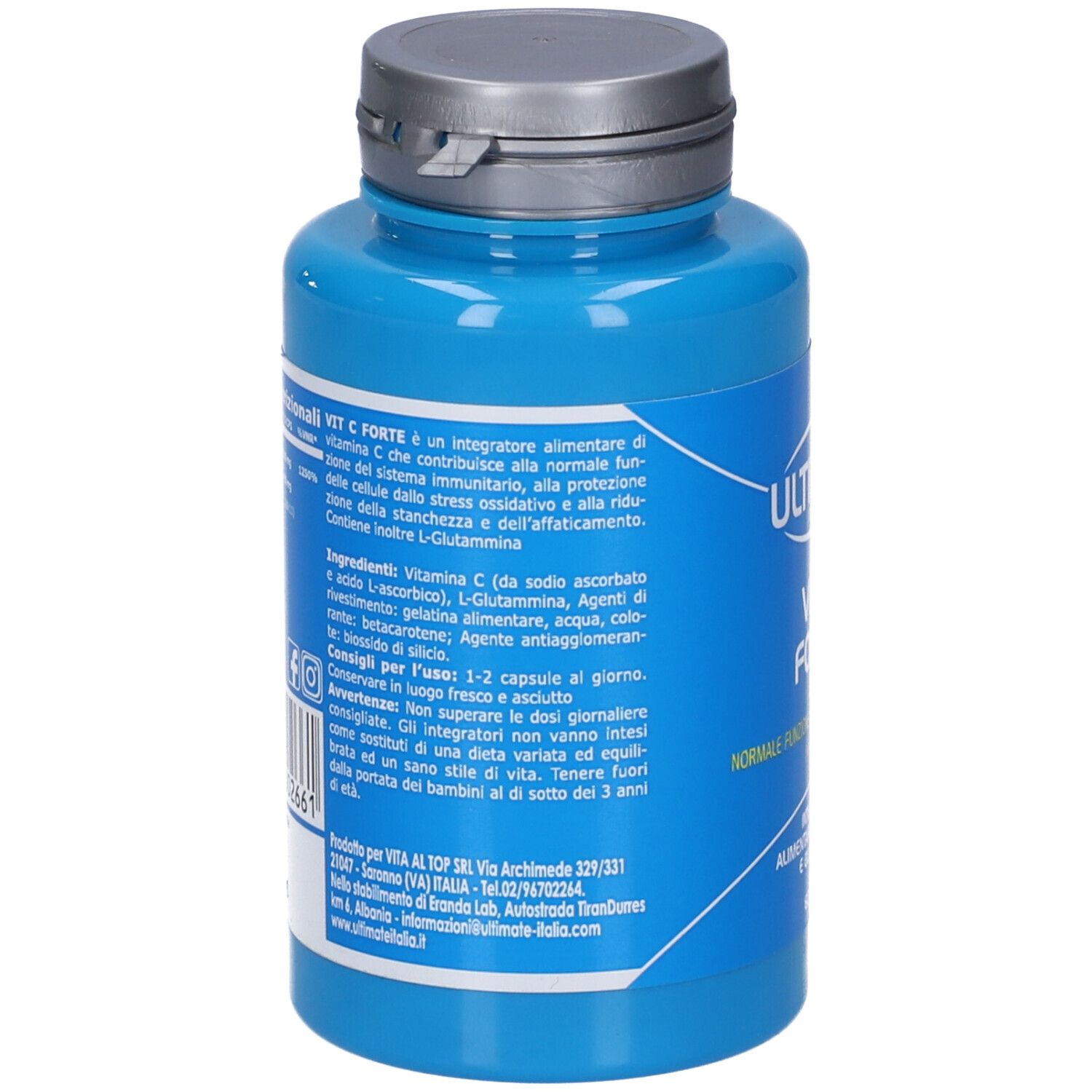 Retro del flacone blu. Informazioni testuali in italiano. Contiene ingredienti e istruzioni per l'uso.