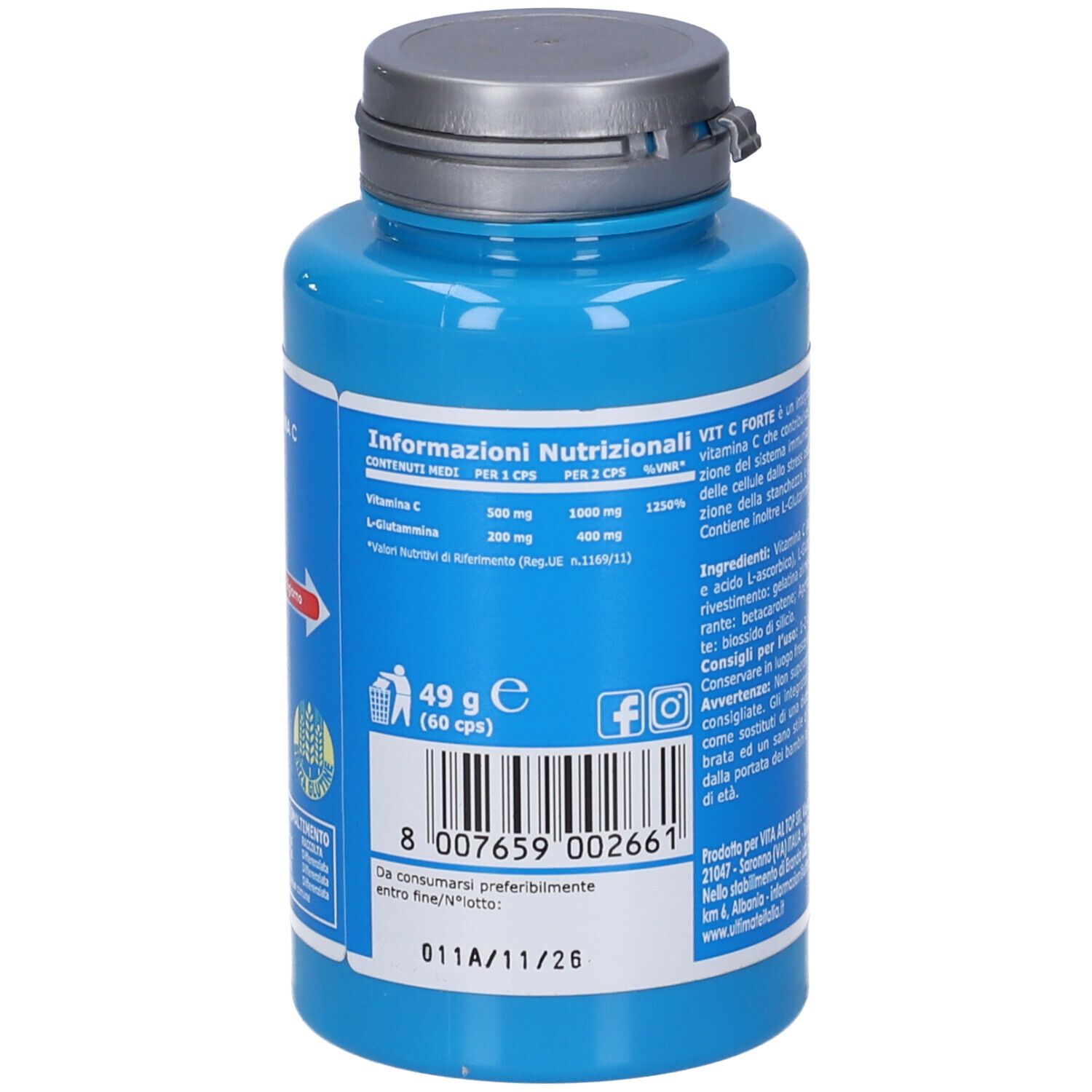 Retro del flacone blu. Contiene informazioni nutrizionali, codice a barre e data di scadenza.