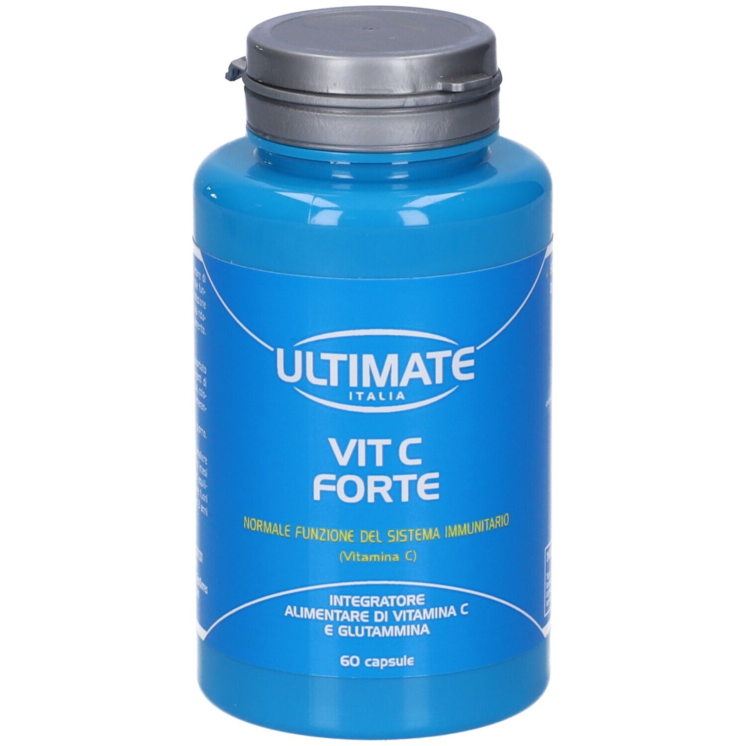Flacone blu con tappo argentato. Scritta: ULTIMATE ITALIA VIT C FORTE. Contiene 60 capsule.