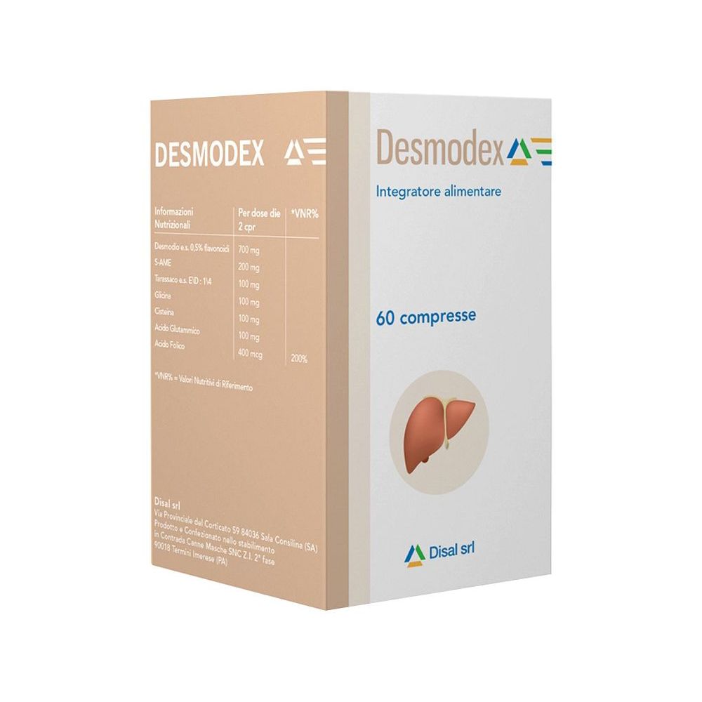 Confezione di Desmodex, 60 compresse. Scritta: Integratore alimentare. Logo e produttore visibili.