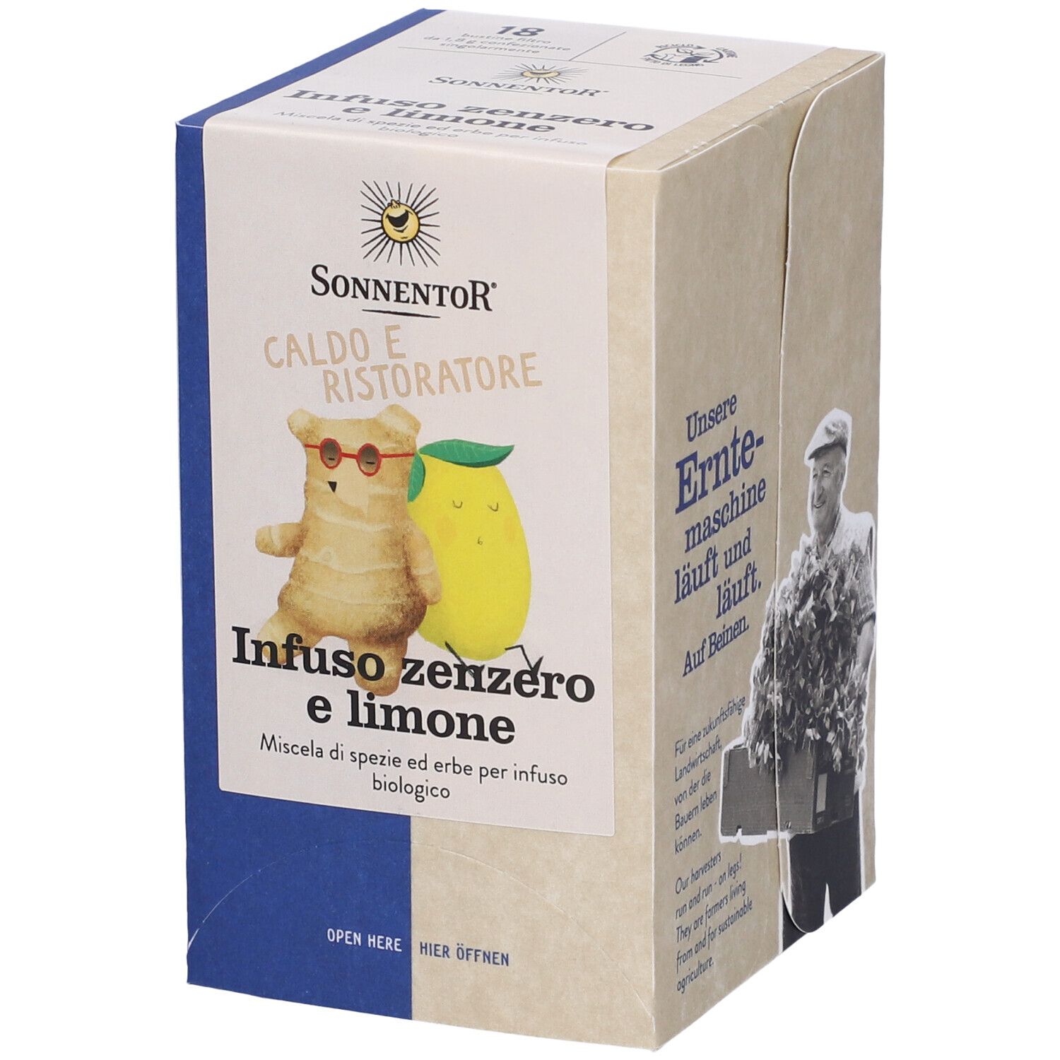 Scatola con testo: Infuso zenzero e limone. Illustrazione: orso con occhiali e limone. Testo: Miscela di erbe per infusione.