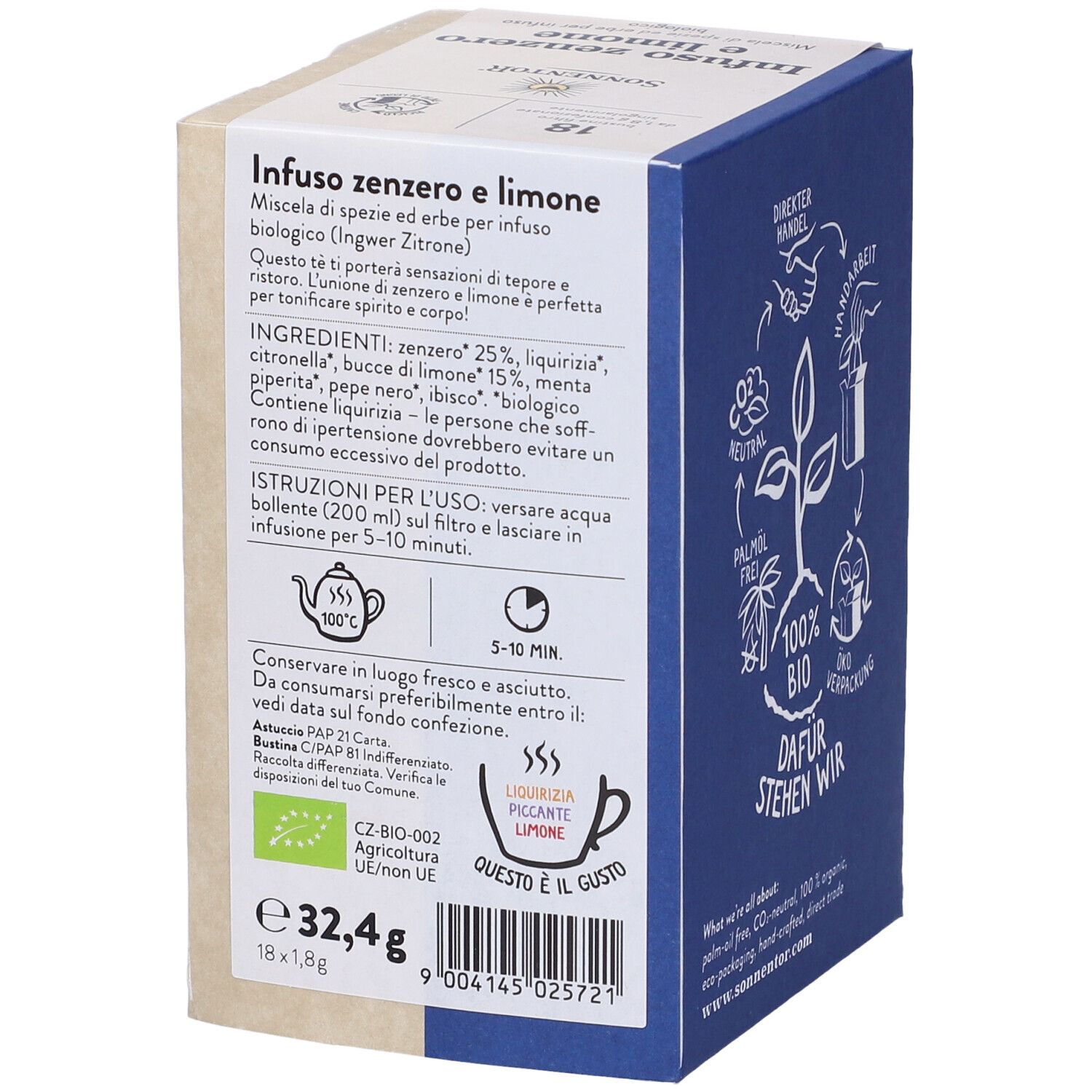 Scatola con testo: Infuso zenzero e limone. Illustrazione: orso con occhiali e limone. Testo: Miscela di erbe per infusione.