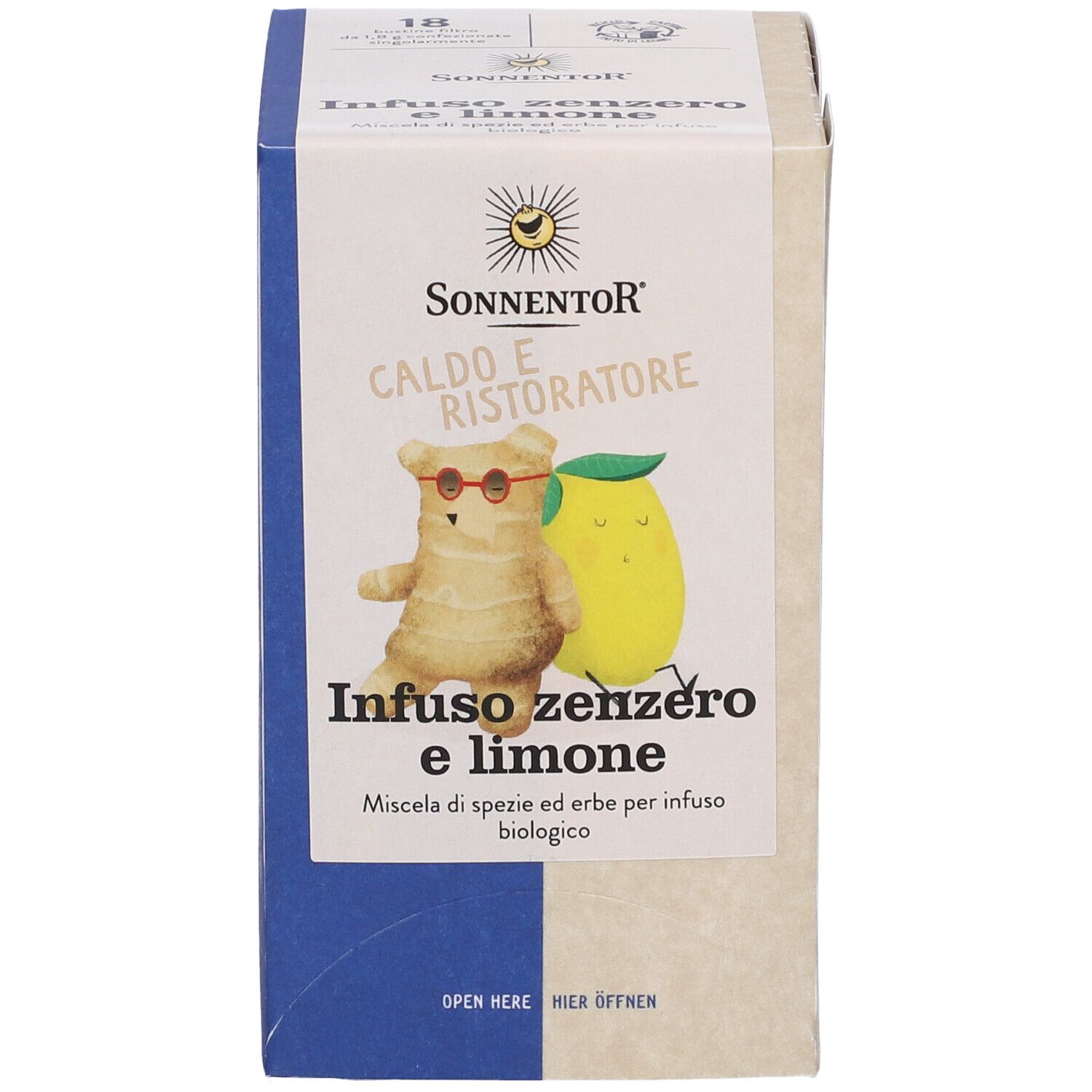 Scatola con testo: Infuso zenzero e limone. Illustrazione: orso con occhiali e limone. Testo: Miscela di erbe per infusione.