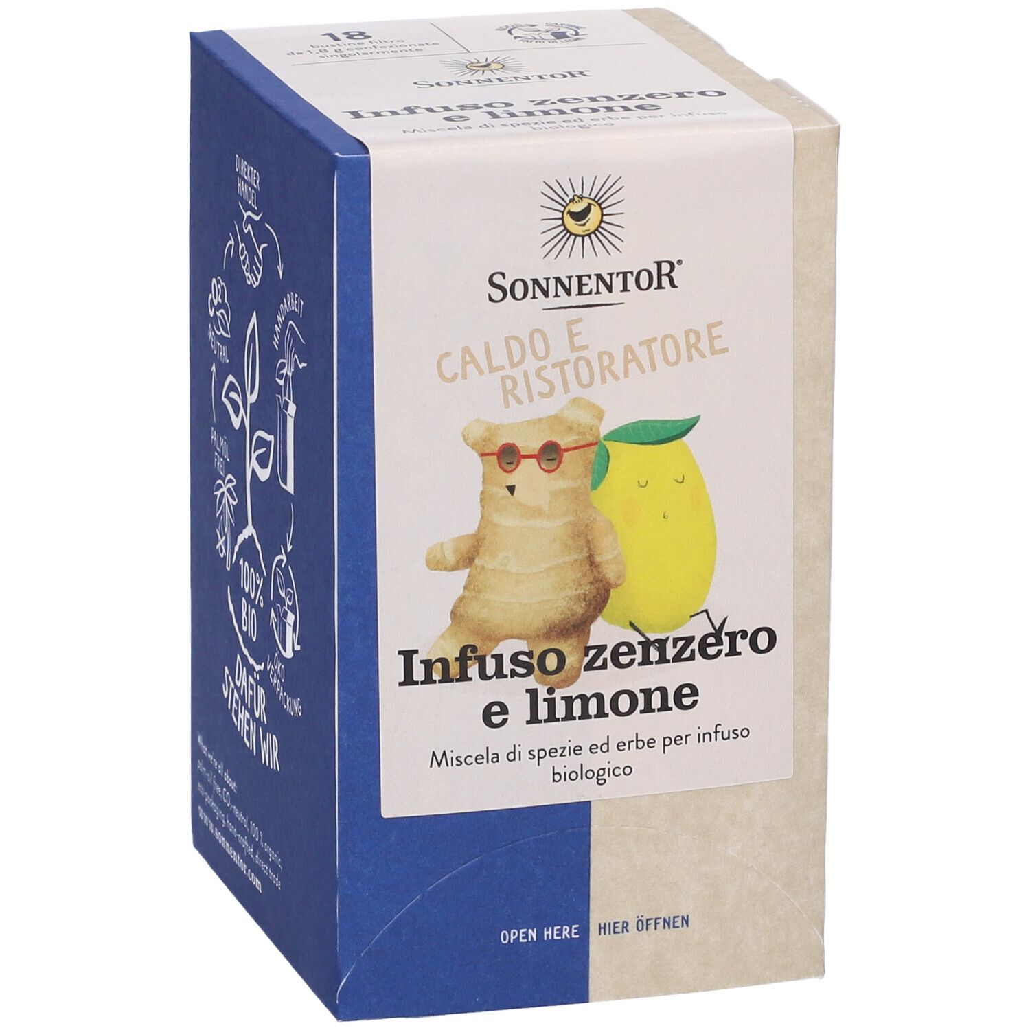 Scatola con testo: Infuso zenzero e limone. Illustrazione: orso con occhiali e limone. Testo: Miscela di erbe per infusione.