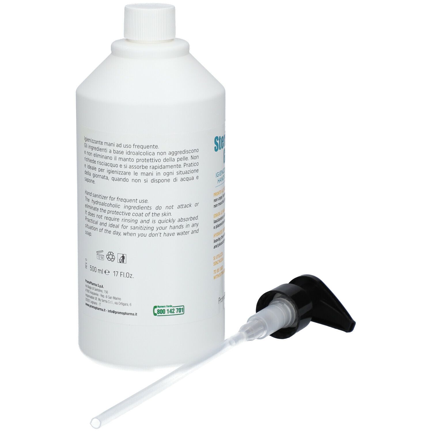 Flacone bianco con pompa. Steriman Gel, disinfettante mani. Pompa accanto.