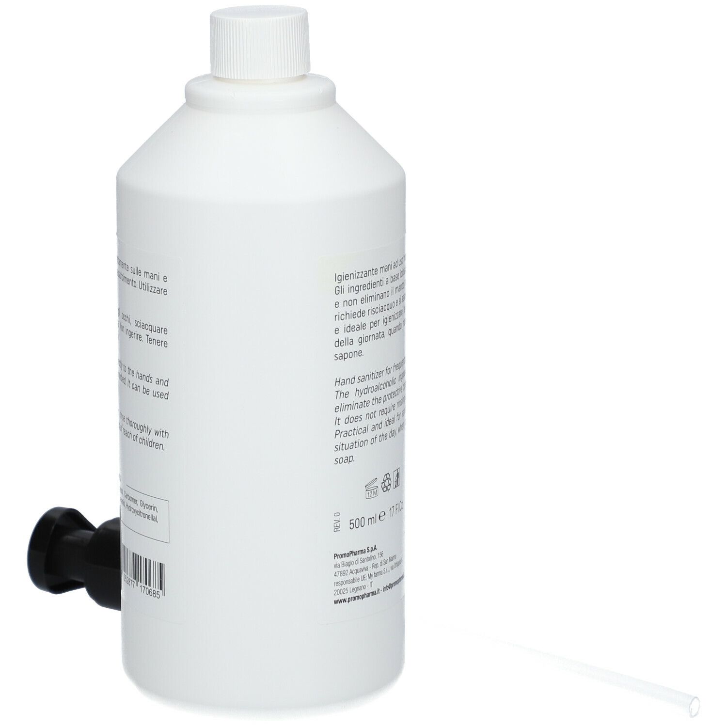 Flacone bianco con pompa. Steriman Gel, disinfettante mani. Pompa accanto.