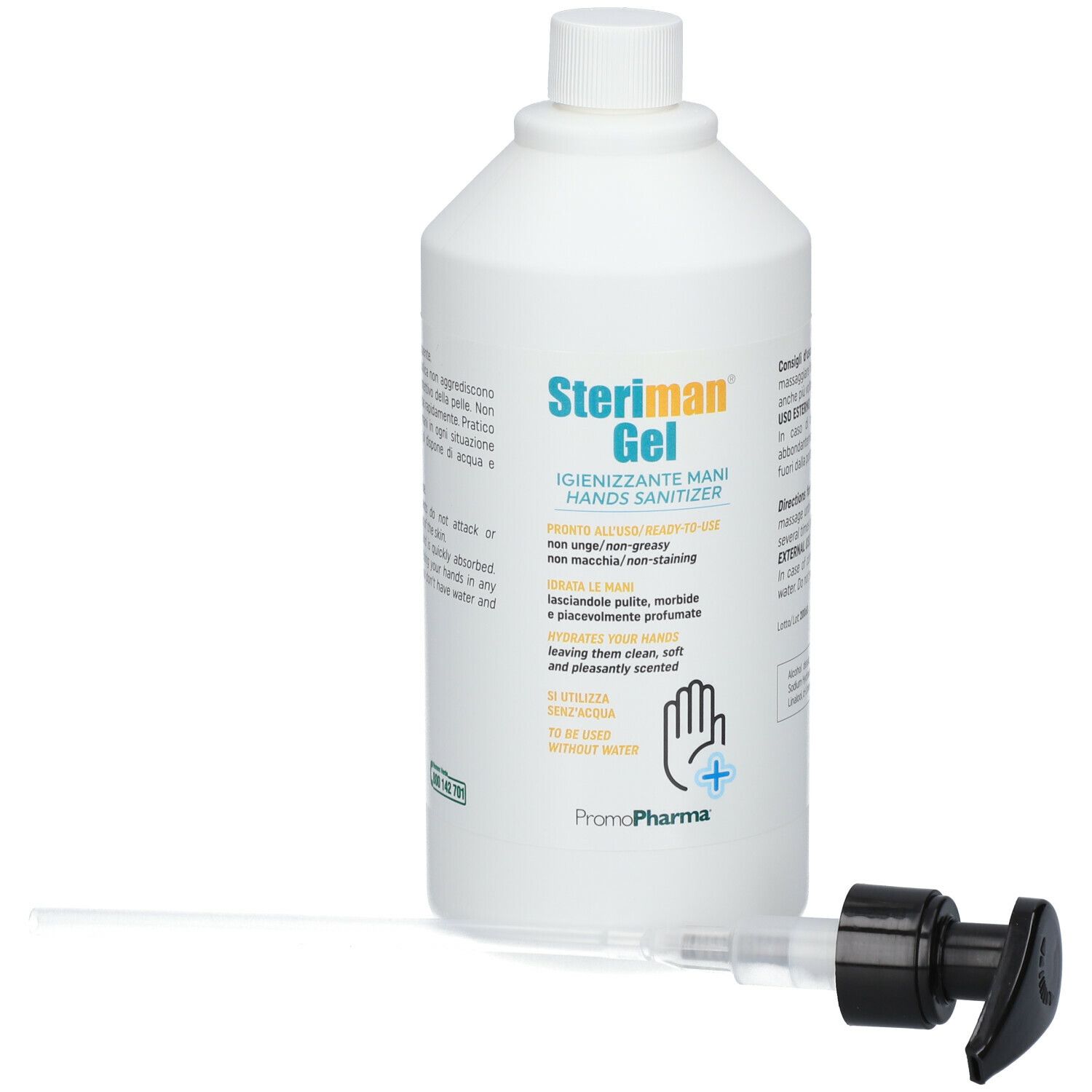 Flacone bianco con pompa. Steriman Gel, disinfettante mani. Pompa accanto.