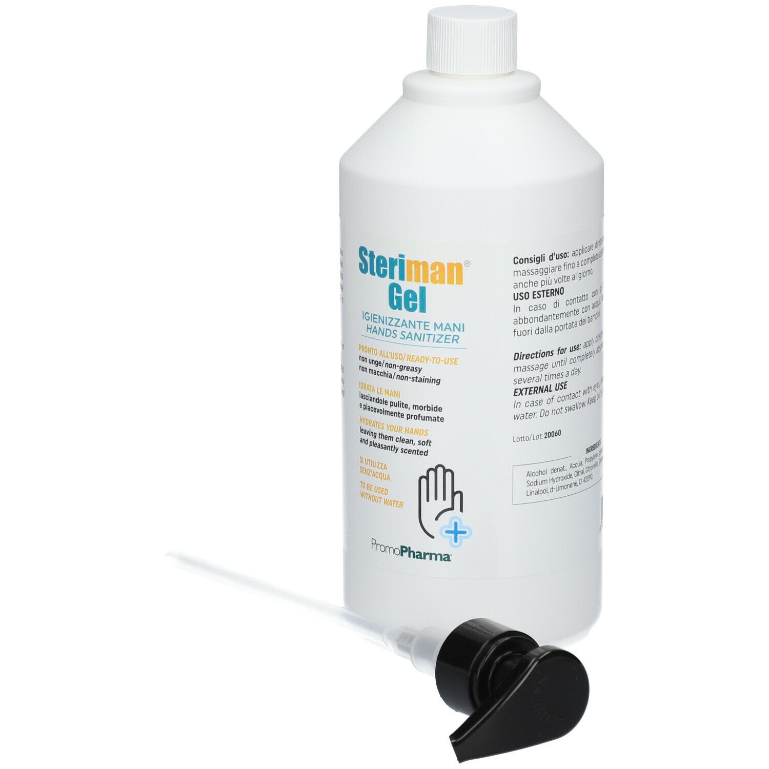 Flacone bianco con pompa. Steriman Gel, disinfettante mani. Pompa accanto.