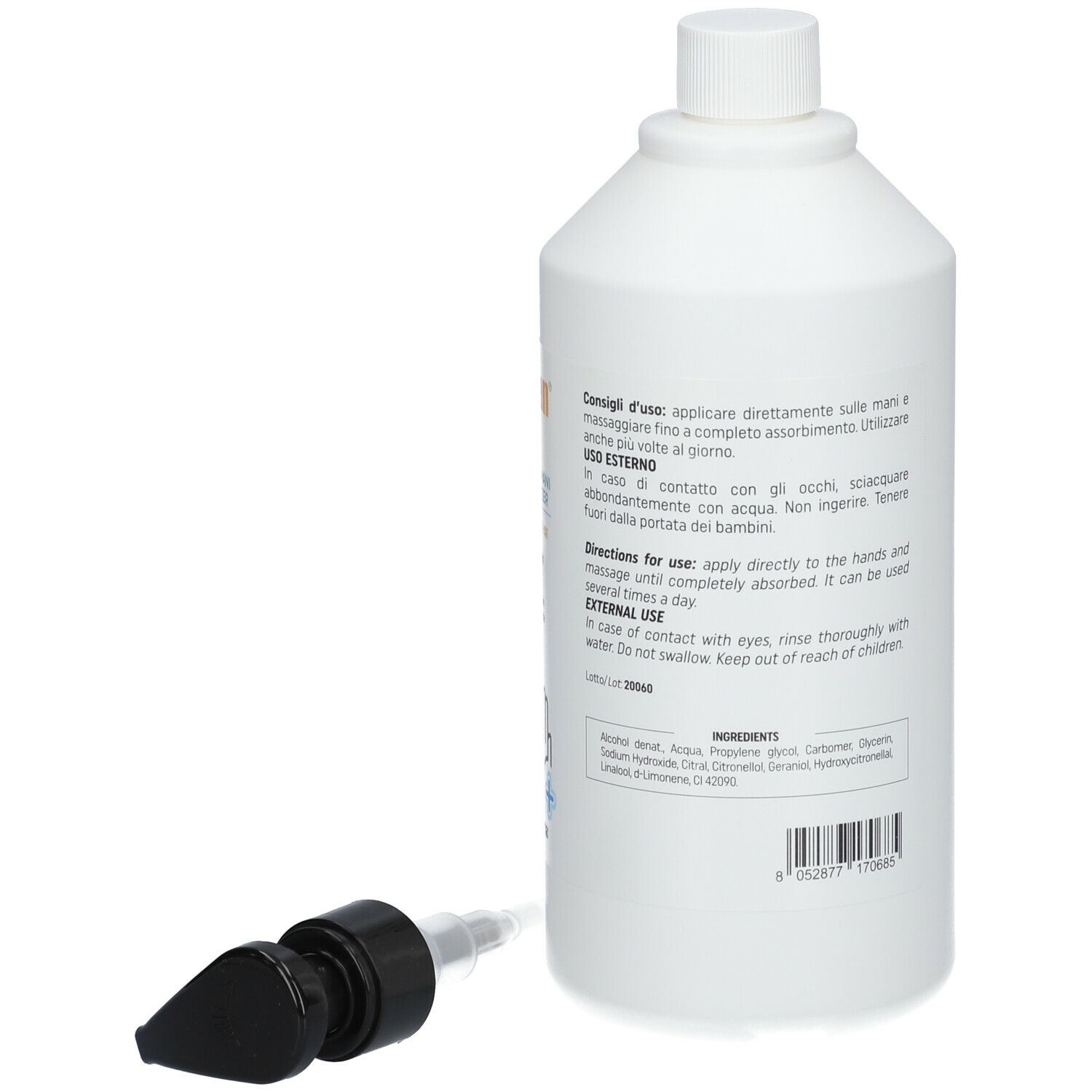 Flacone bianco con pompa. Steriman Gel, disinfettante mani. Pompa accanto.