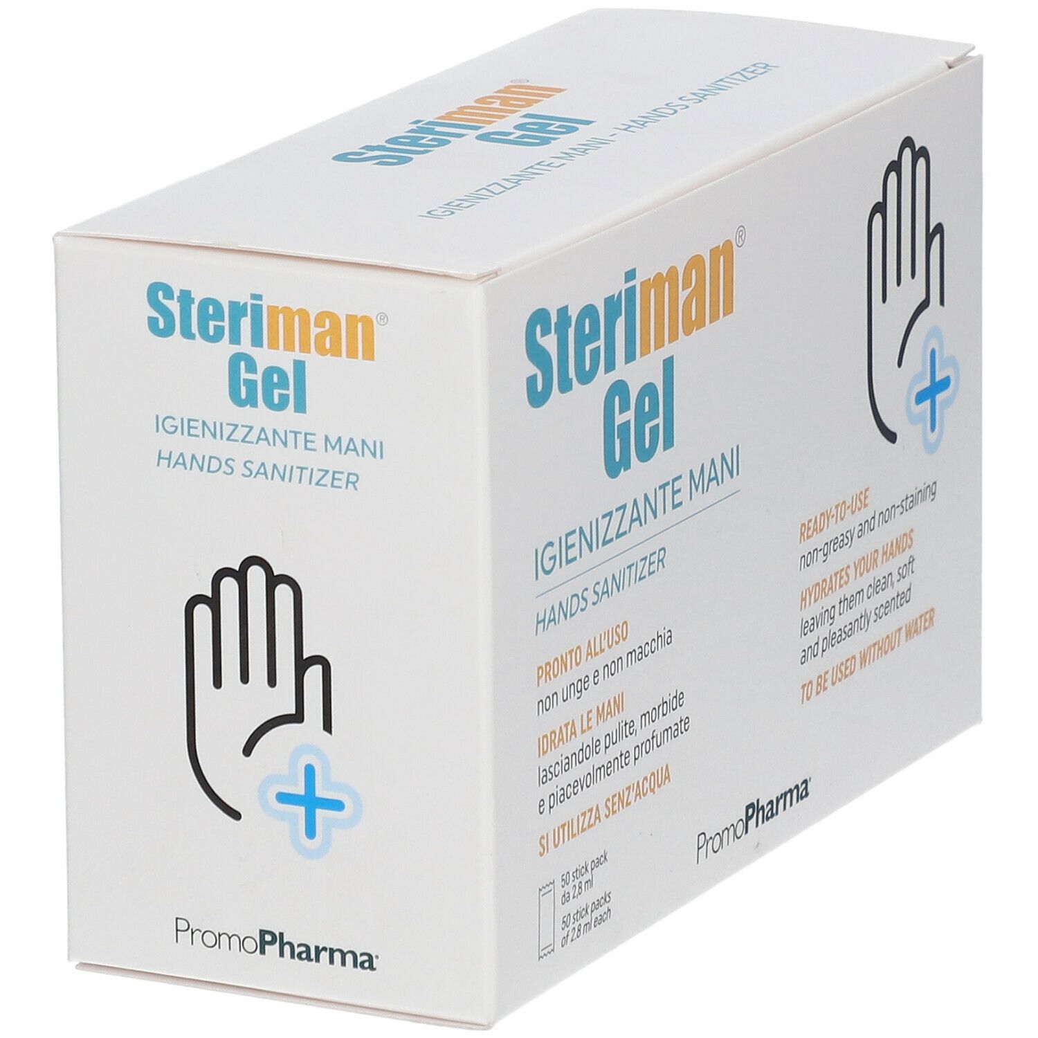 Confezione in cartone bianco. Scritta: Steriman Gel, igienizzante mani. Simbolo mano con croce. 50 stick pack.