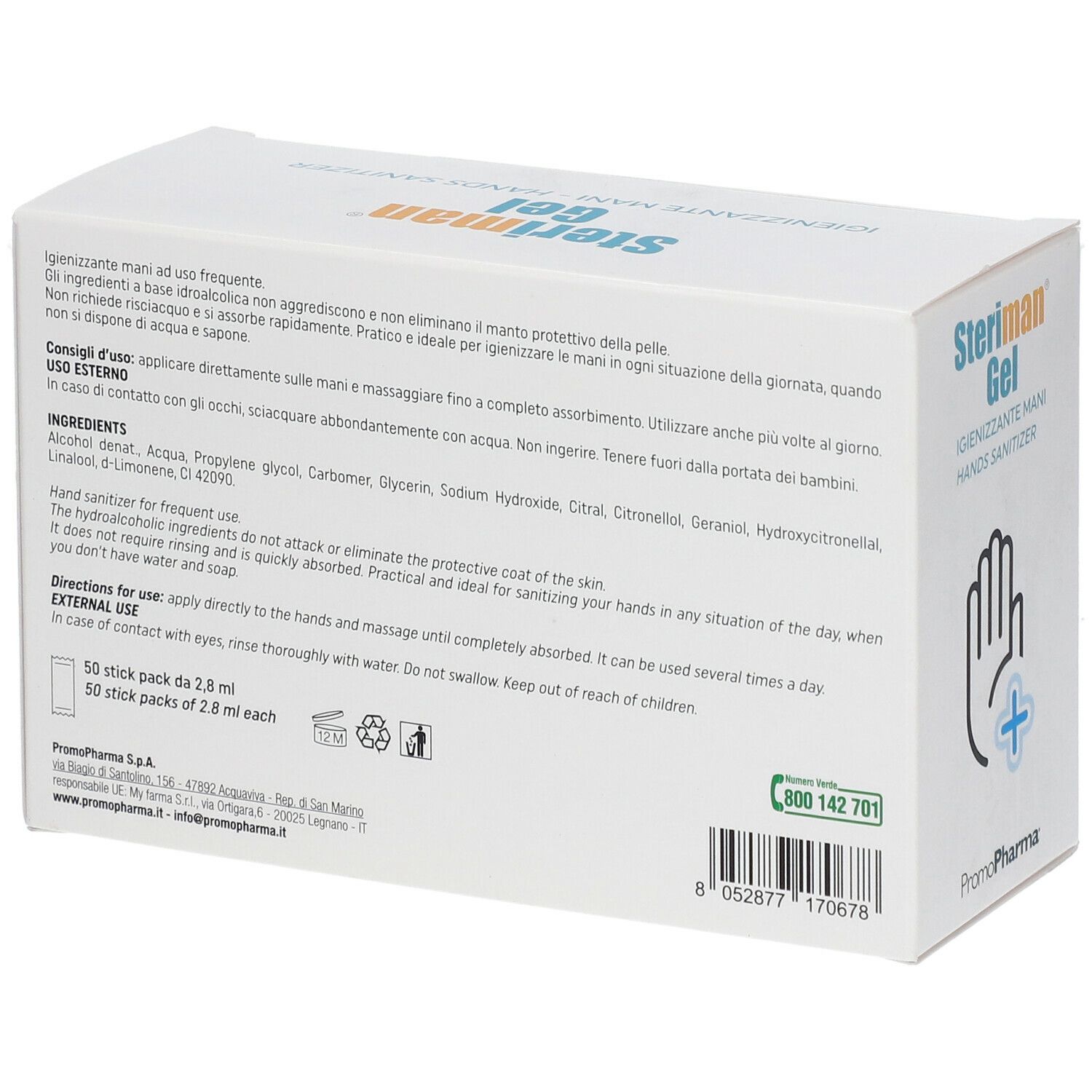 Confezione in cartone bianco. Scritta: Steriman Gel, igienizzante mani. Retro con testo e ingredienti. 50 stick pack.