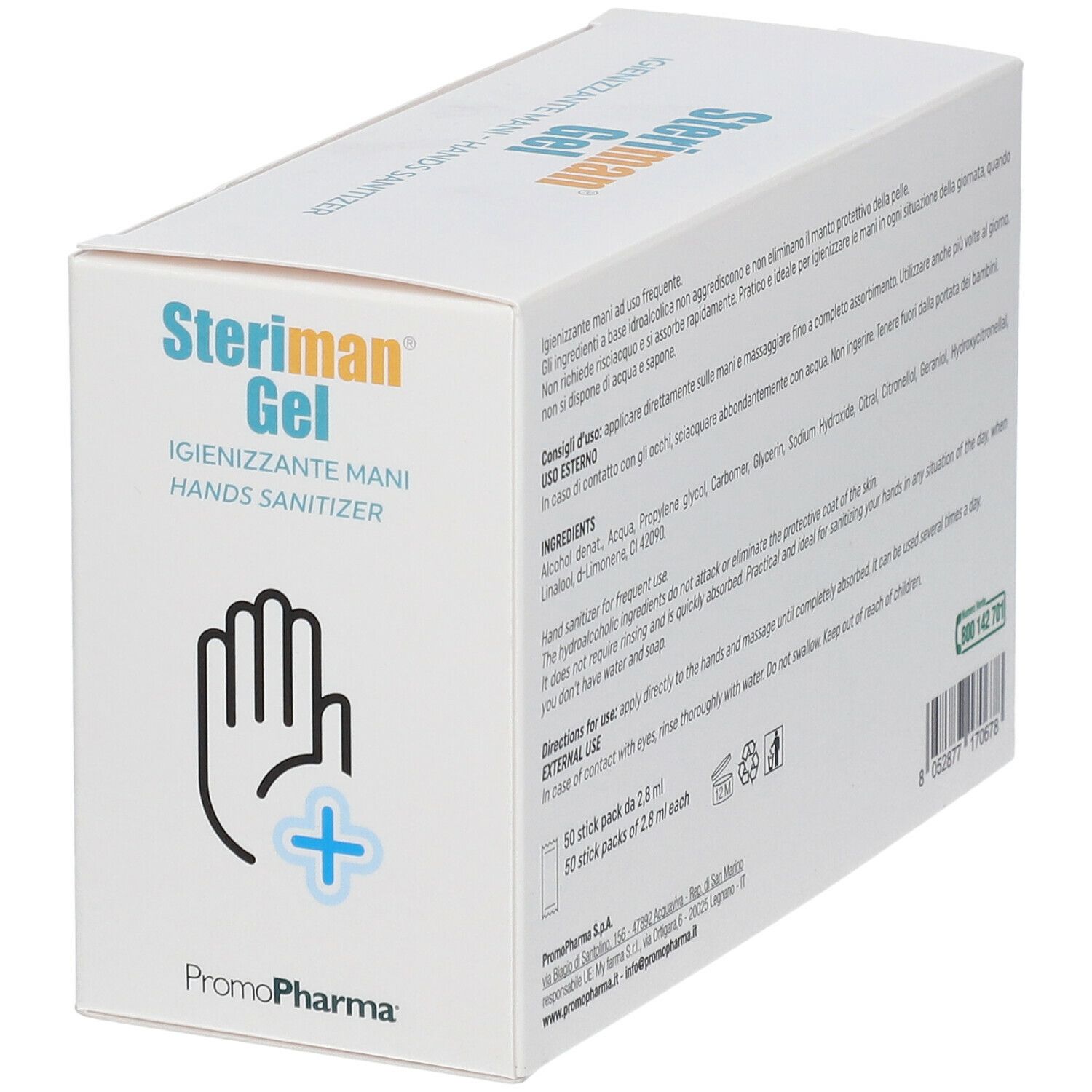 Confezione in cartone bianco. Scritta: Steriman Gel, igienizzante mani. Retro con testo e ingredienti. 50 stick pack.