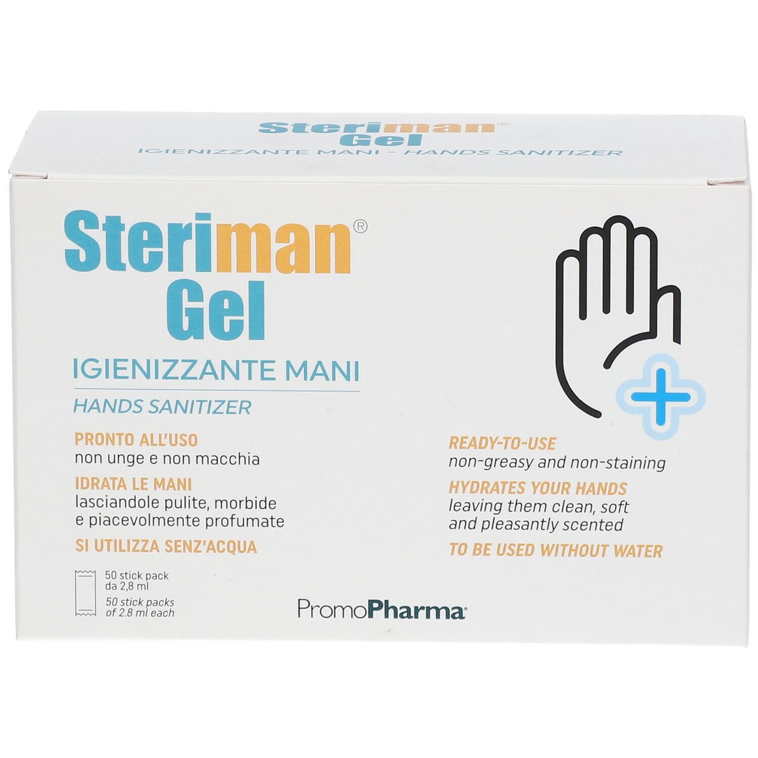 Confezione in cartone bianco. Scritta: Steriman Gel, igienizzante mani. Simbolo mano con croce. 50 stick pack.