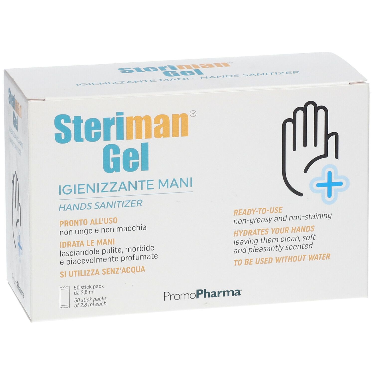 Confezione in cartone bianco. Scritta: Steriman Gel, igienizzante mani. Simbolo mano con croce. 50 stick pack.