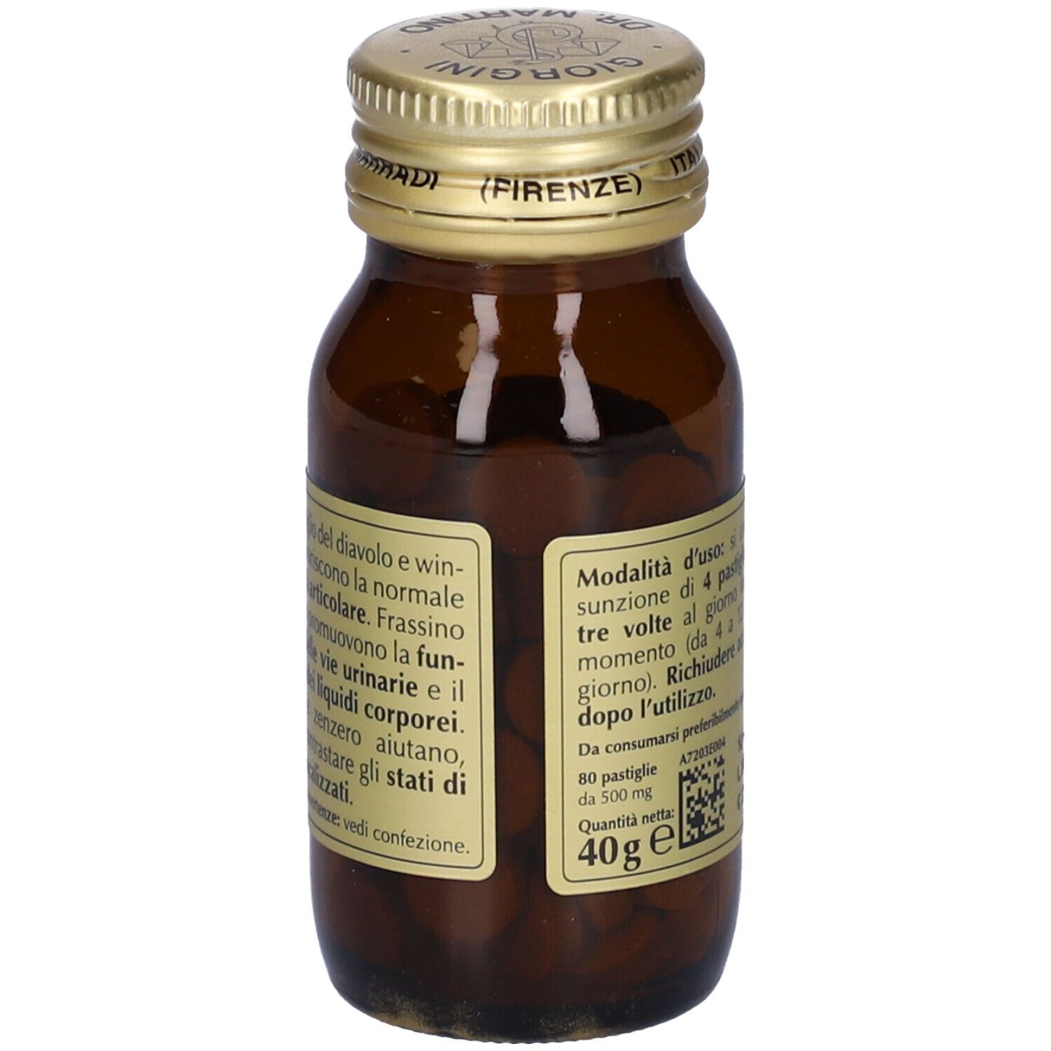 Flacone di vetro marrone con tappo dorato. Etichetta con testo. Contiene compresse. 80 compresse. 40g.