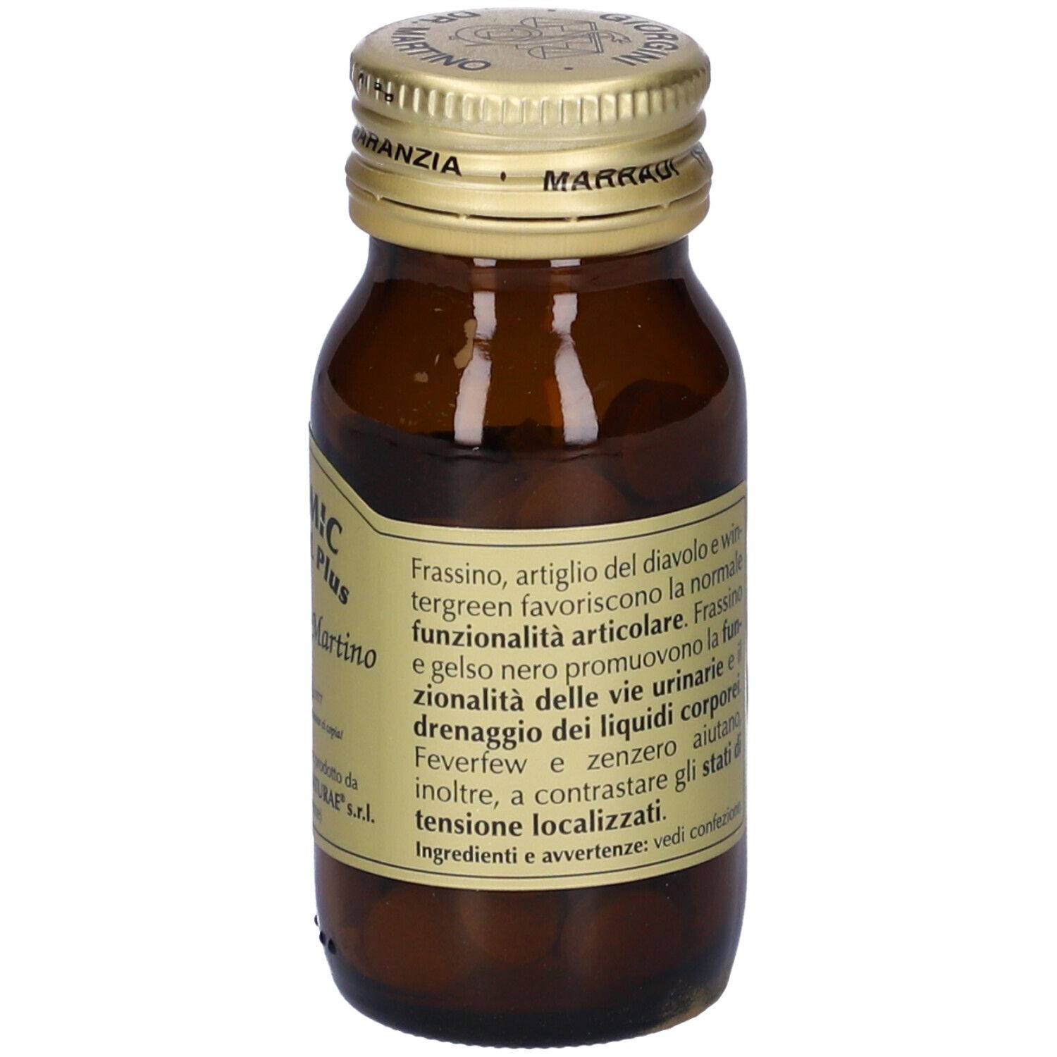 Flacone di vetro marrone con tappo dorato. Etichetta con testo. Contiene compresse. Sigillo: Dr. Martino.
