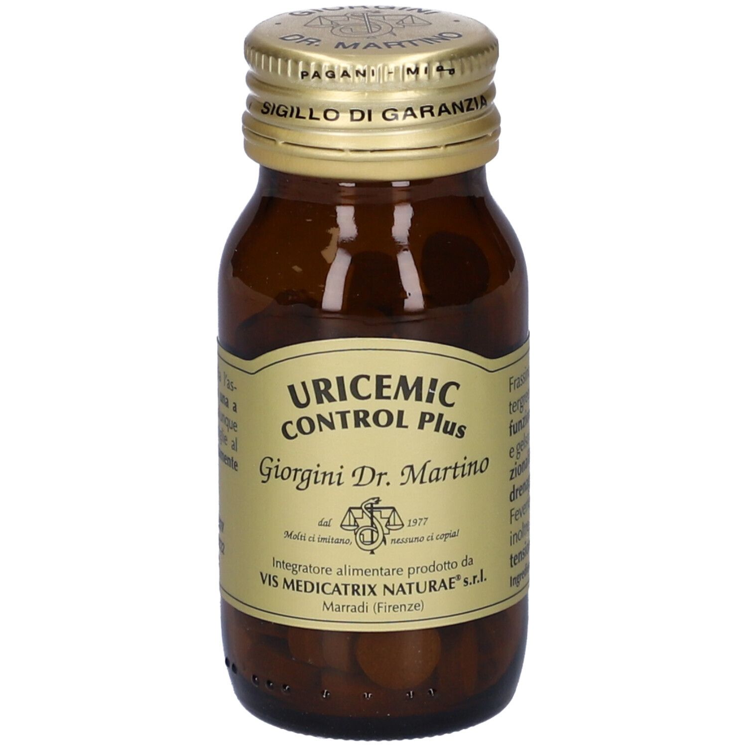 Flacone di vetro marrone con tappo dorato. Etichetta con testo. Contiene compresse. Sigillo: Dr. Martino.