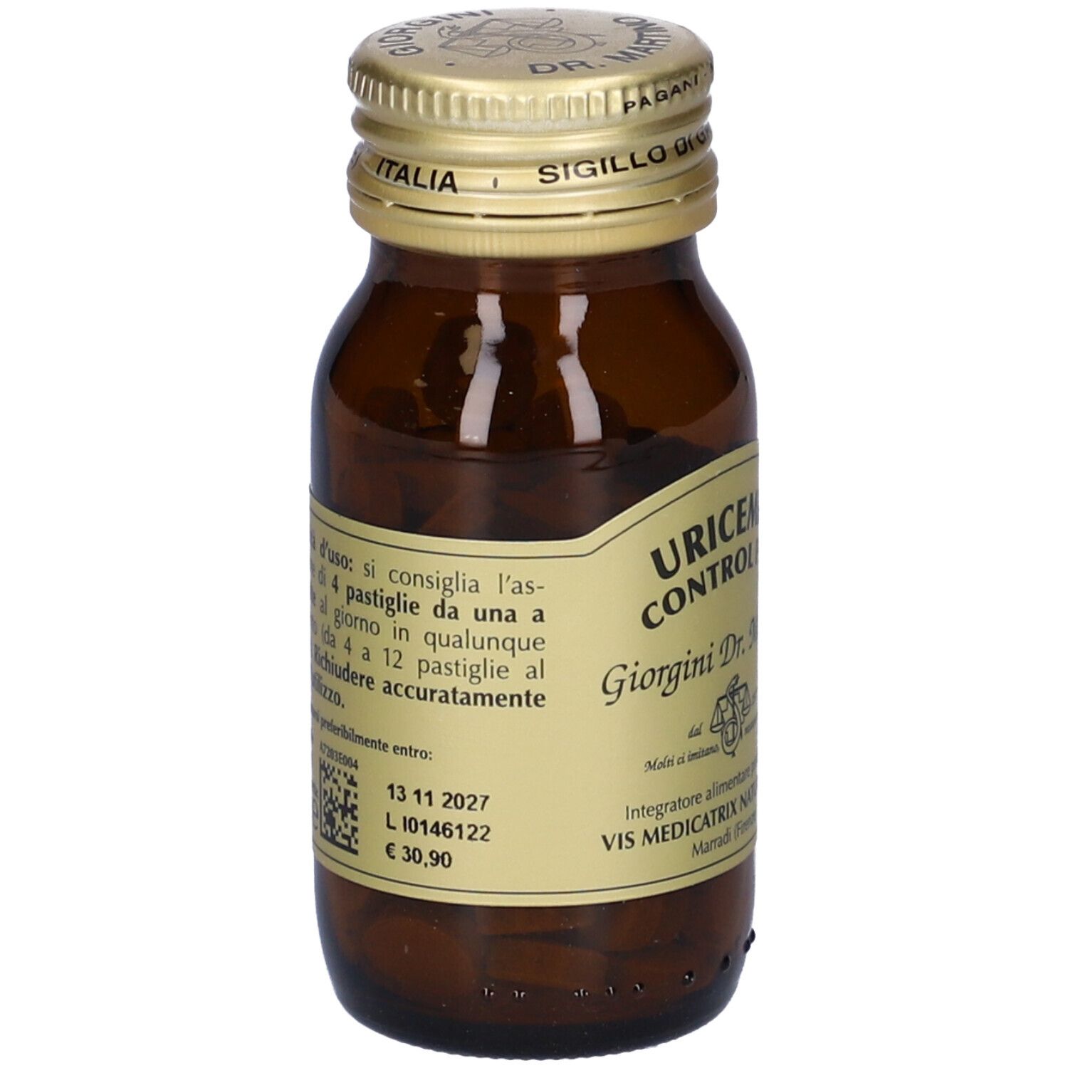 Flacone di vetro marrone con tappo dorato. Etichetta con testo. Contiene compresse. Sigillo: Dr. Martino.