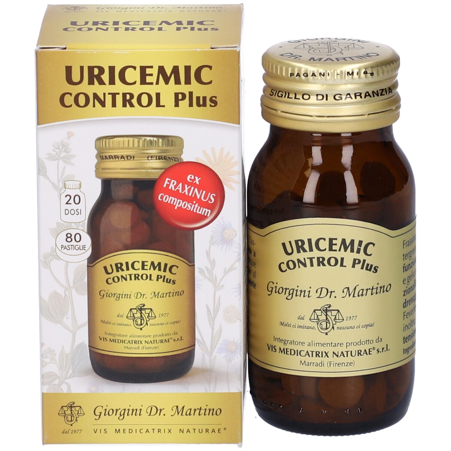 Confezione del prodotto con flacone. Flacone con tappo dorato. Contiene compresse. 80 compresse. 20 dosi.