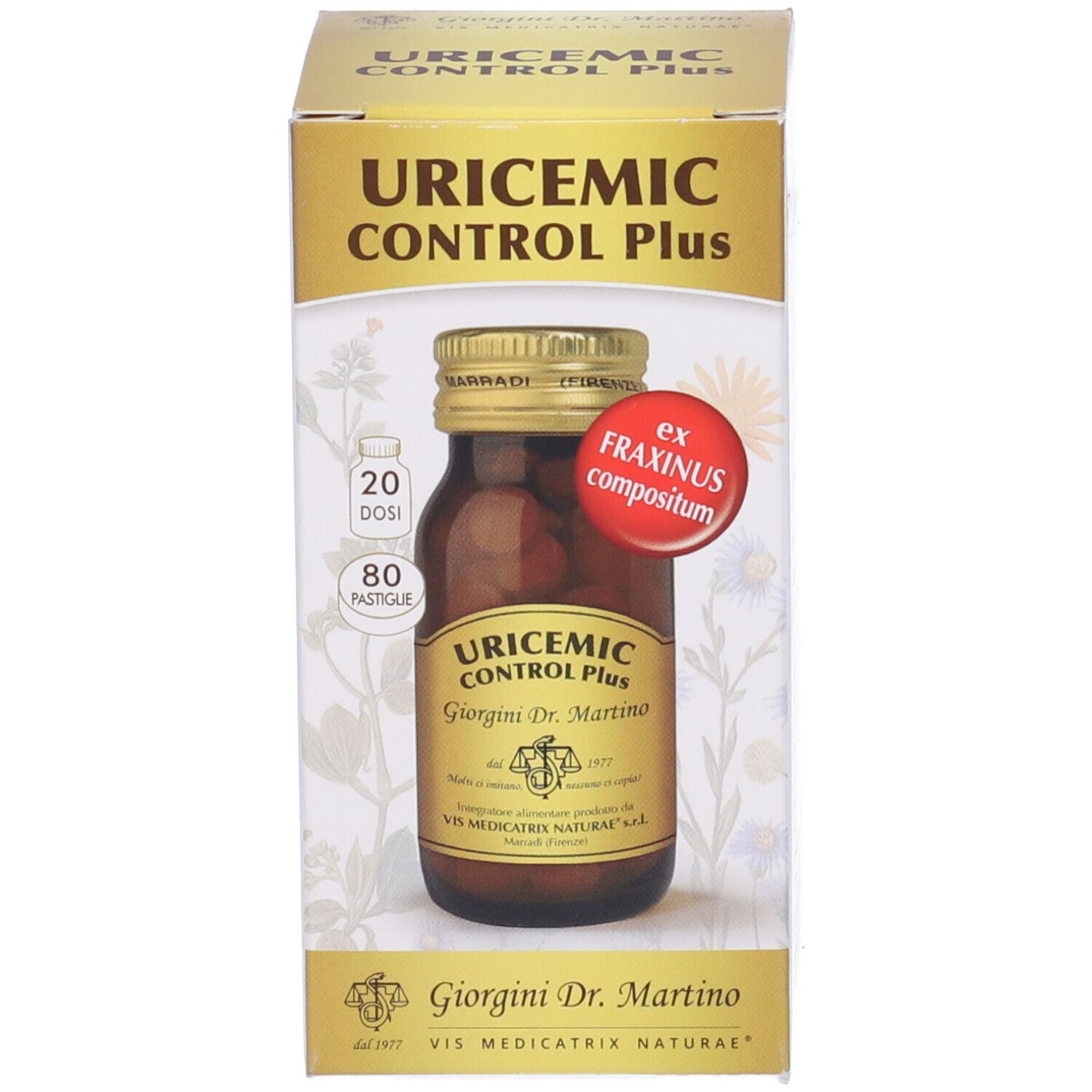 Confezione del prodotto con flacone. Flacone con tappo dorato. Contiene compresse. 80 compresse. 20 dosi.