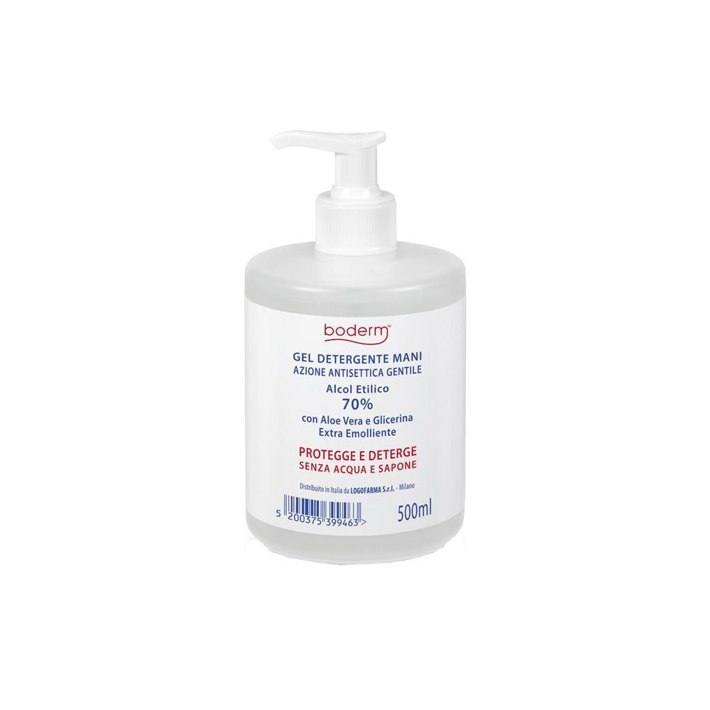 Flacone trasparente con dispenser. Scritta: Gel detergente mani, 70% alcool. Con Aloe Vera e Glicerina. 500ml.