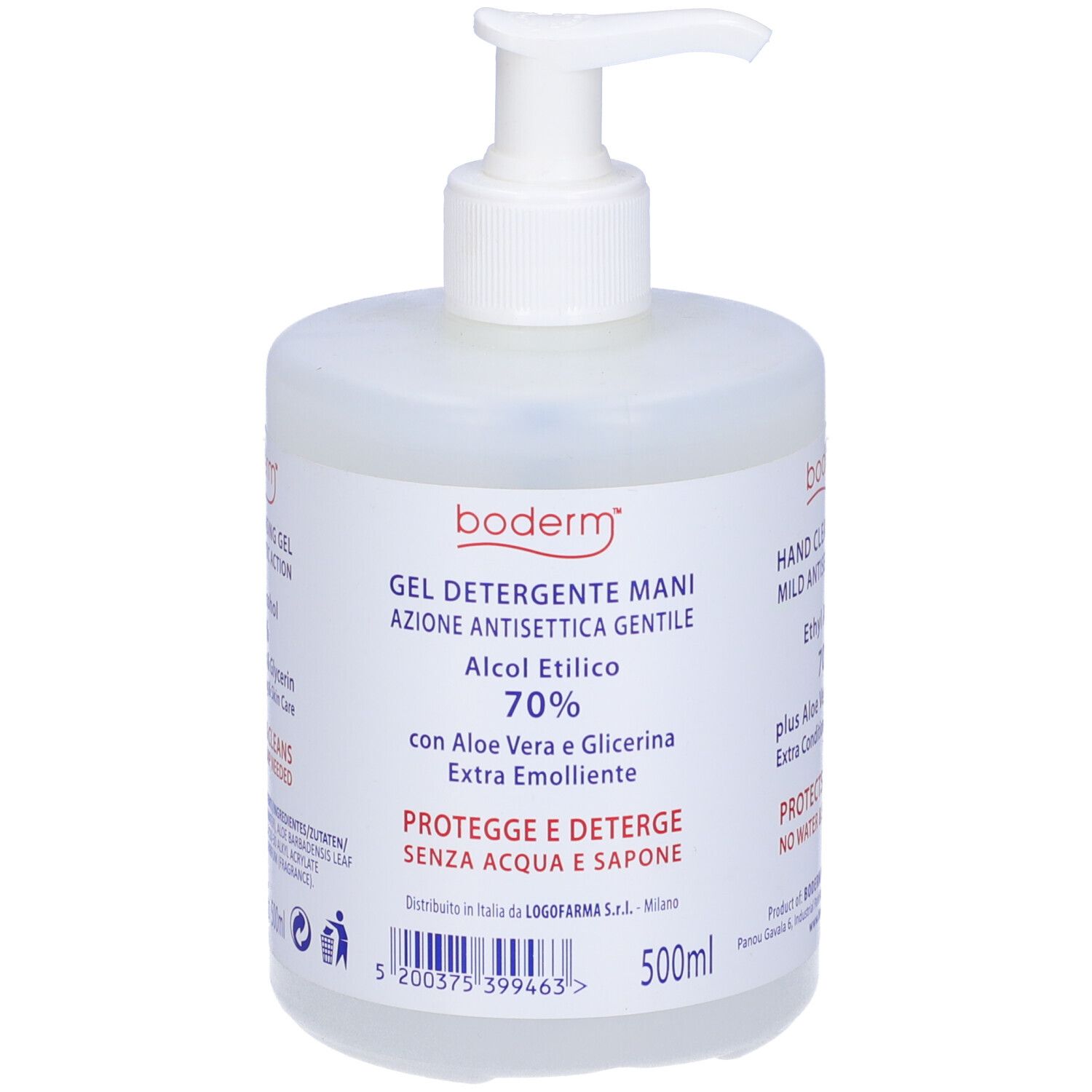 Flacone trasparente con dispenser. Scritta: Gel detergente mani, 70% alcool. Con Aloe Vera e Glicerina. 500ml.