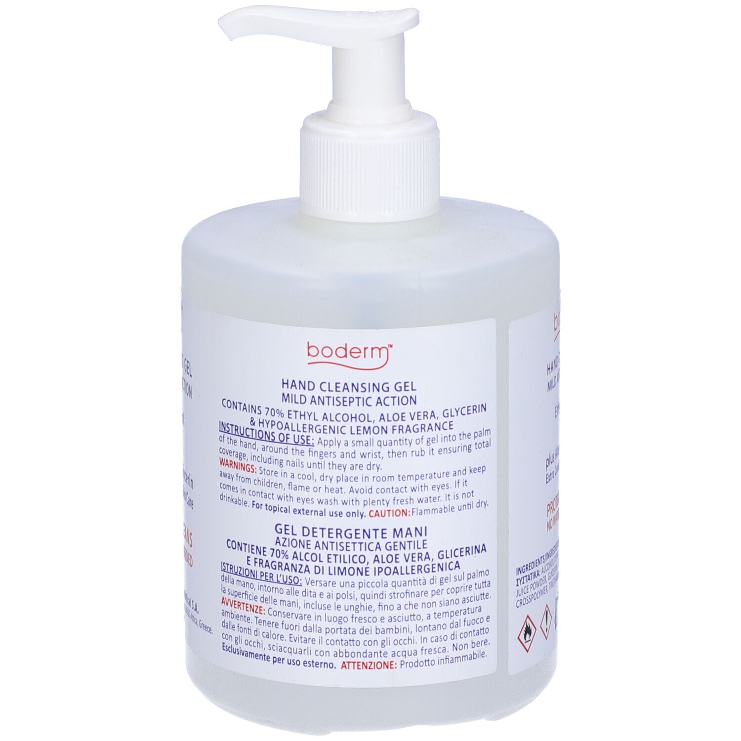 Flacone trasparente con dispenser. Scritta: Hand Cleansing Gel, Ethyl Alcohol 70%. Con Aloe Vera & Glicerina. 500ml.