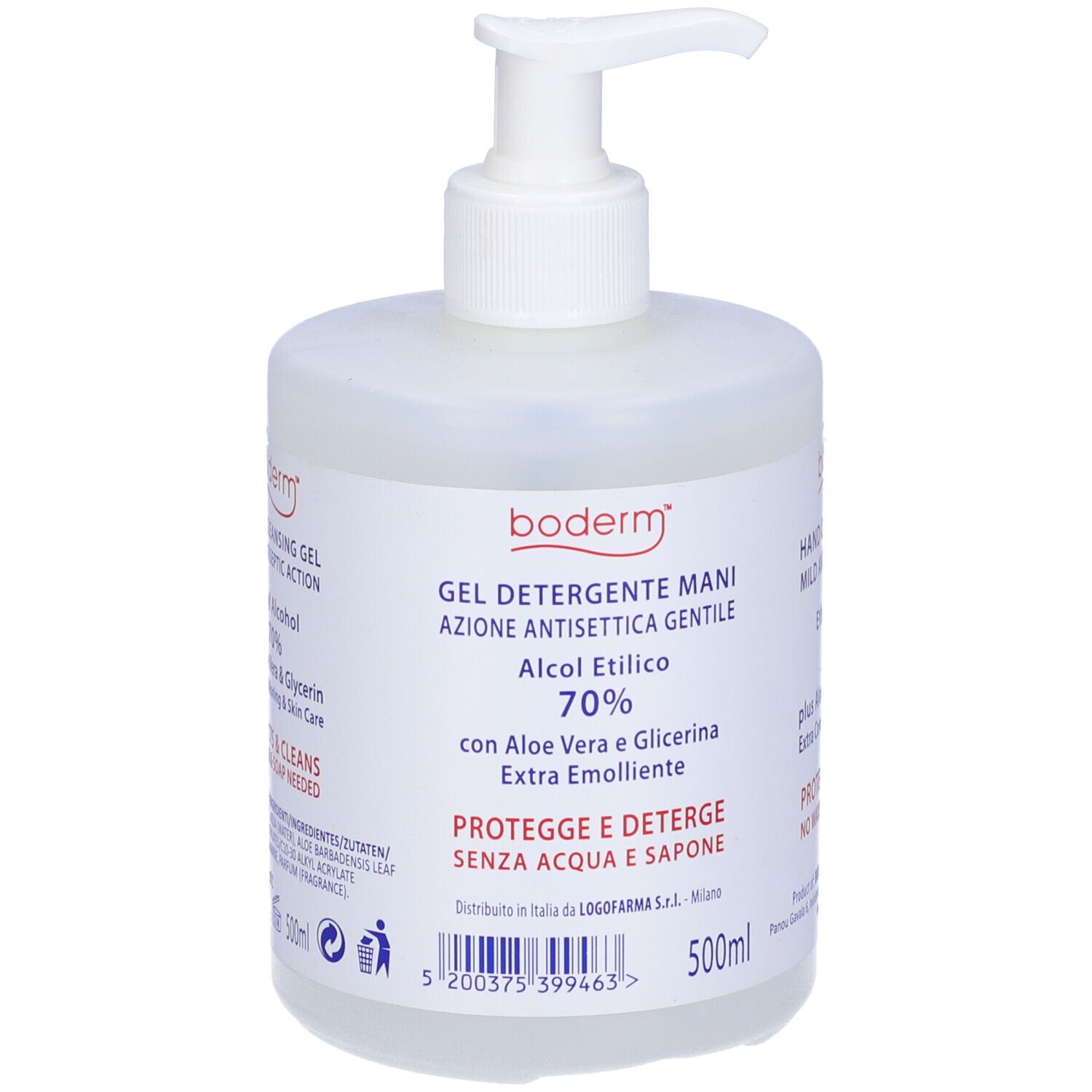 Flacone trasparente con dispenser. Scritta: Gel detergente mani, 70% alcool. Con Aloe Vera e Glicerina. 500ml.